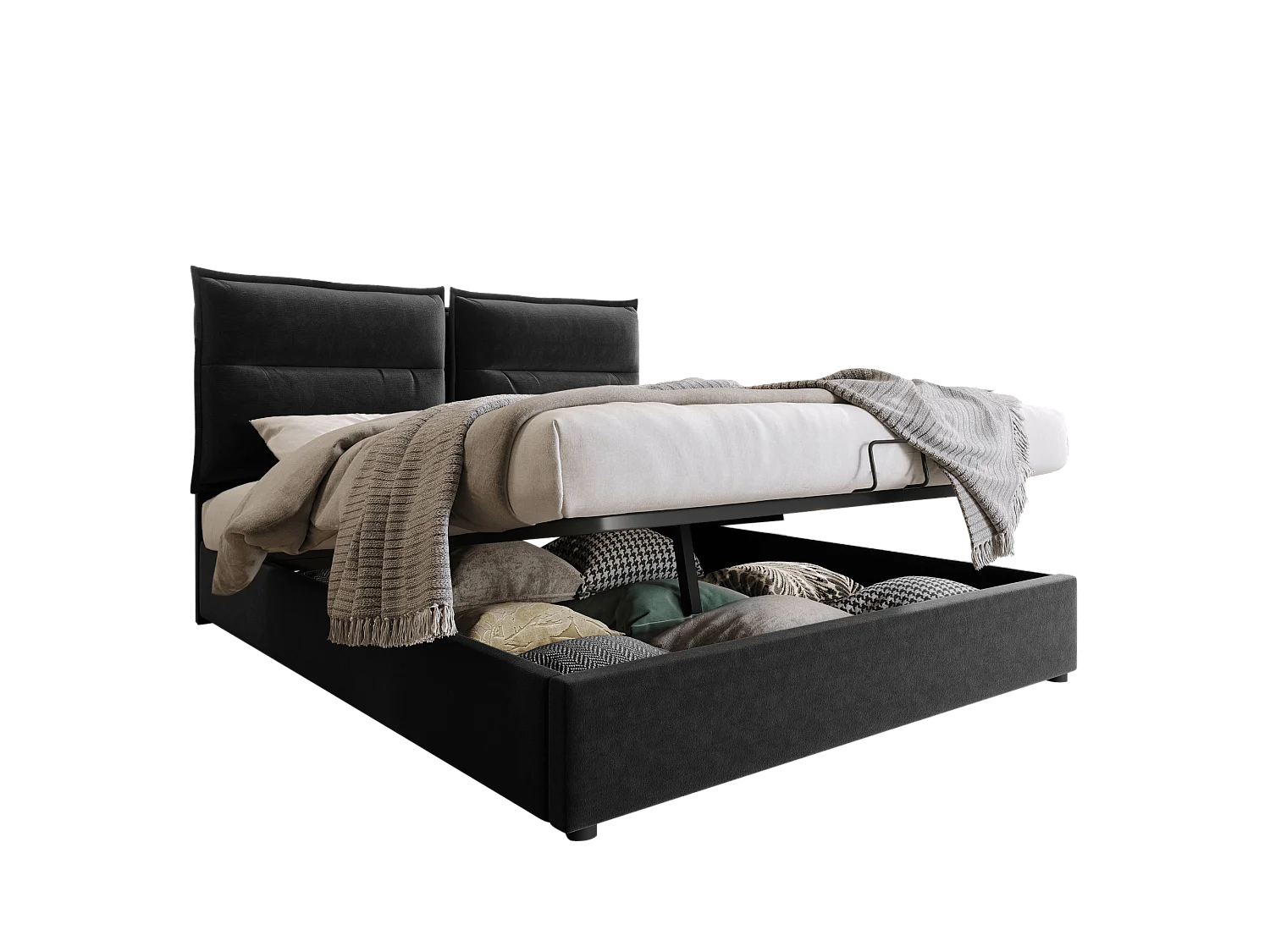 Lit double hydraulique 140x200 cm, tête de lit réglable, cadre en velours noir avec rangement