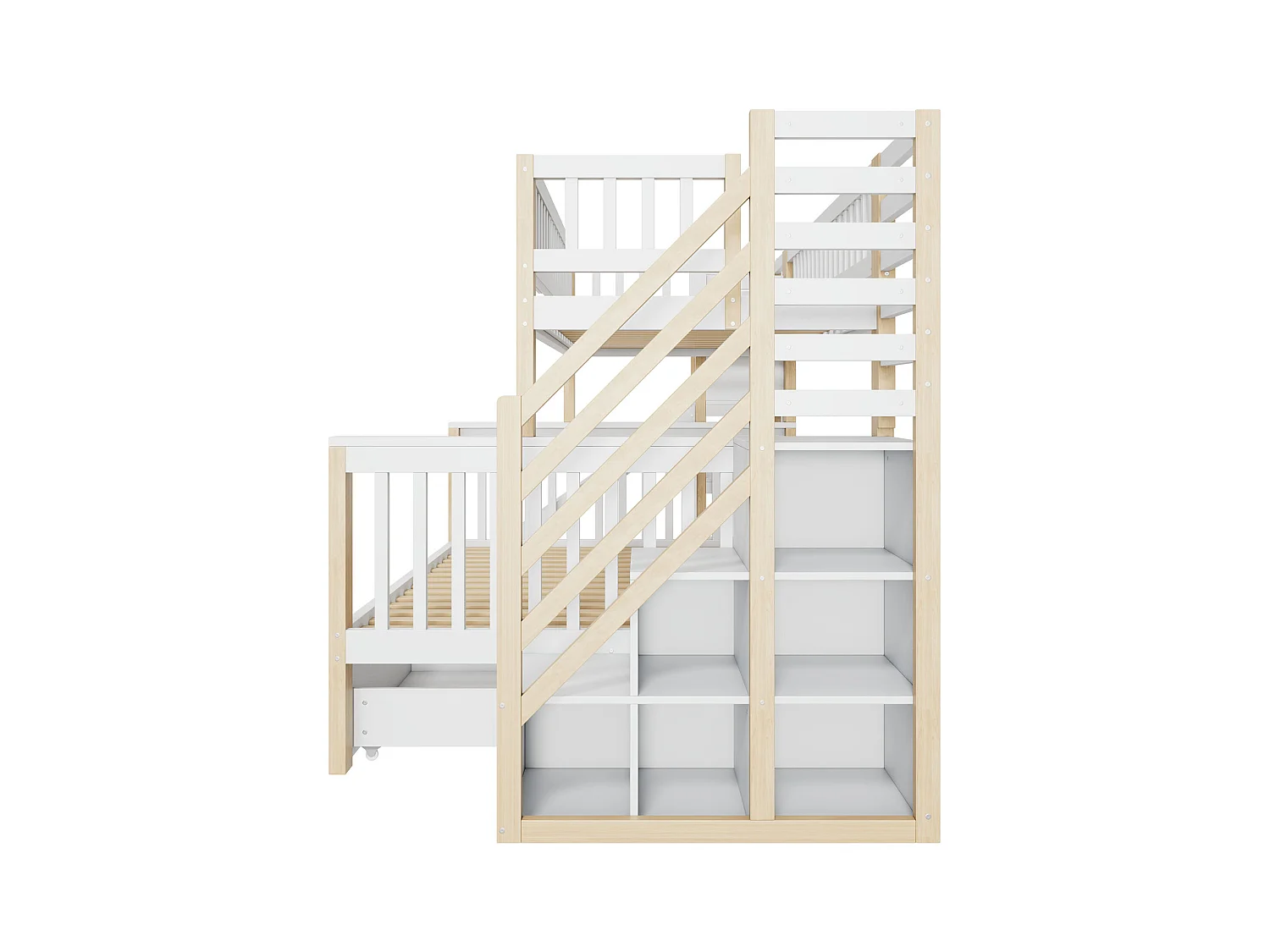 Lits superposés 140 x 200 cm + 90 x 200 cm - 2 tiroirs + toboggan + étagères de rangement - Bois massif - Blanc