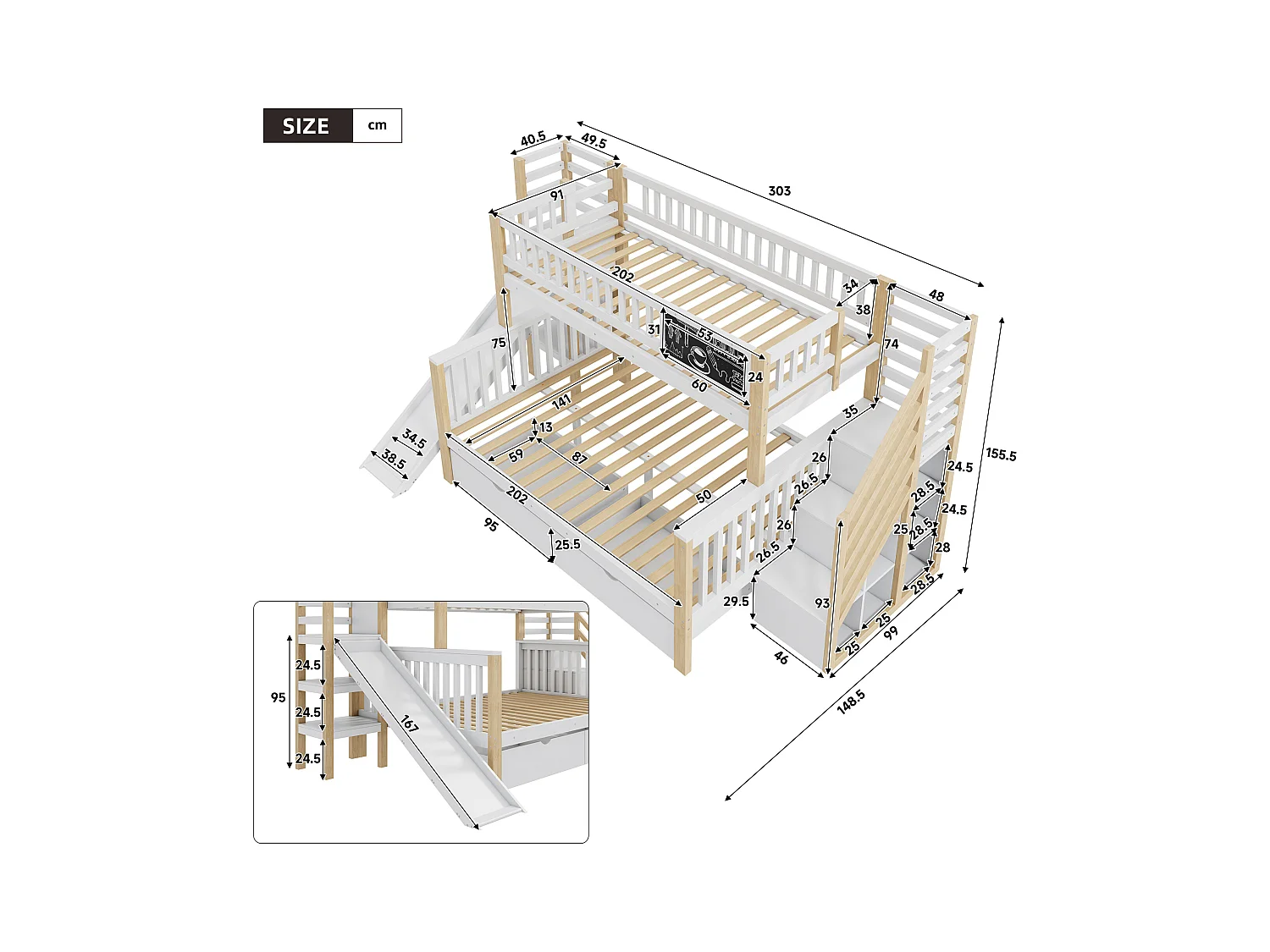 Literas 140 x 200 cm + 90 x 200 cm - 2 cajones + corredera + estantes de almacenamiento - Madera maciza - Blanco
