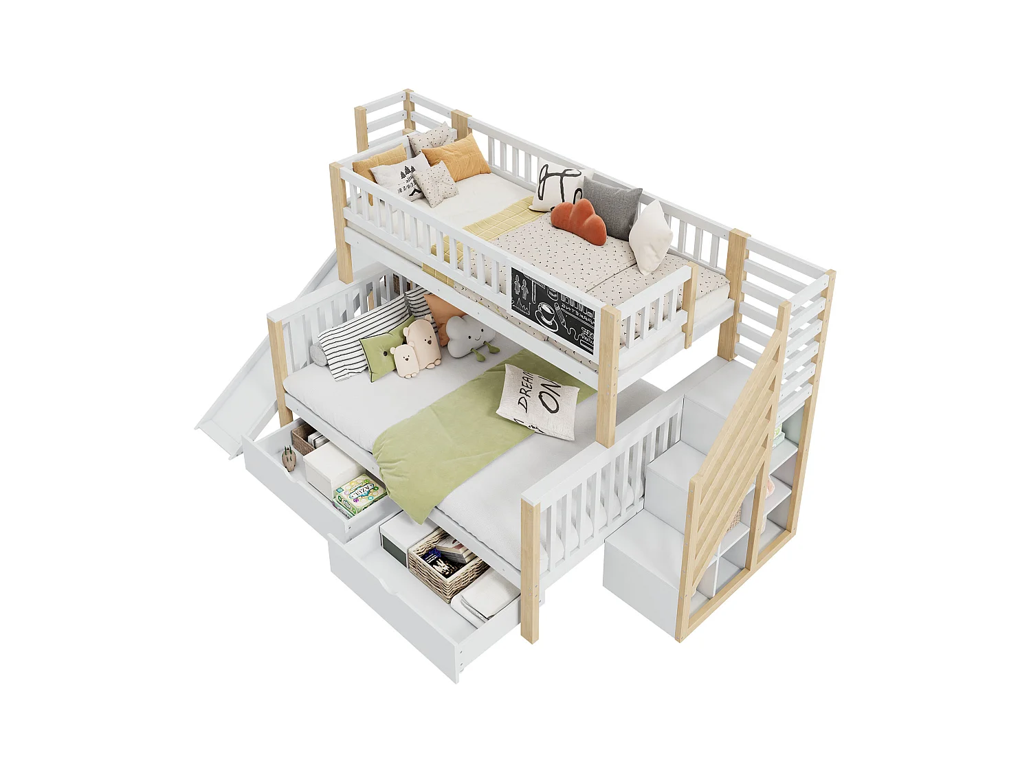 Literas 140 x 200 cm + 90 x 200 cm - 2 cajones + corredera + estantes de almacenamiento - Madera maciza - Blanco