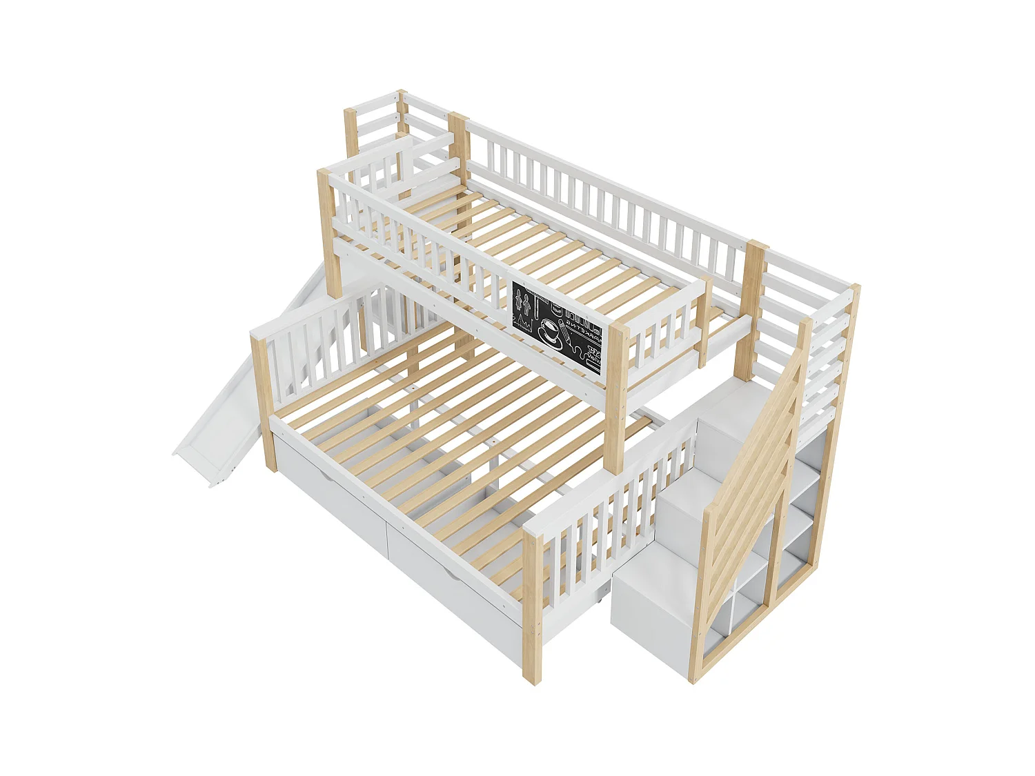 Literas 140 x 200 cm + 90 x 200 cm - 2 cajones + corredera + estantes de almacenamiento - Madera maciza - Blanco