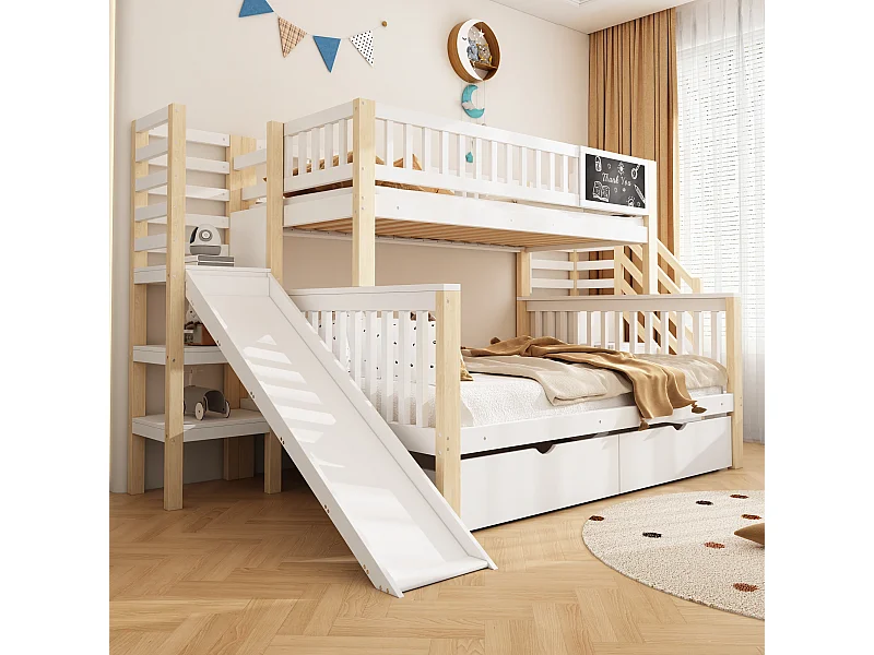 Letti a castello 140 x 200 cm + 90 x 200 cm - 2 cassetti + scivolo + ripiani portaoggetti - Legno massello - Bianco