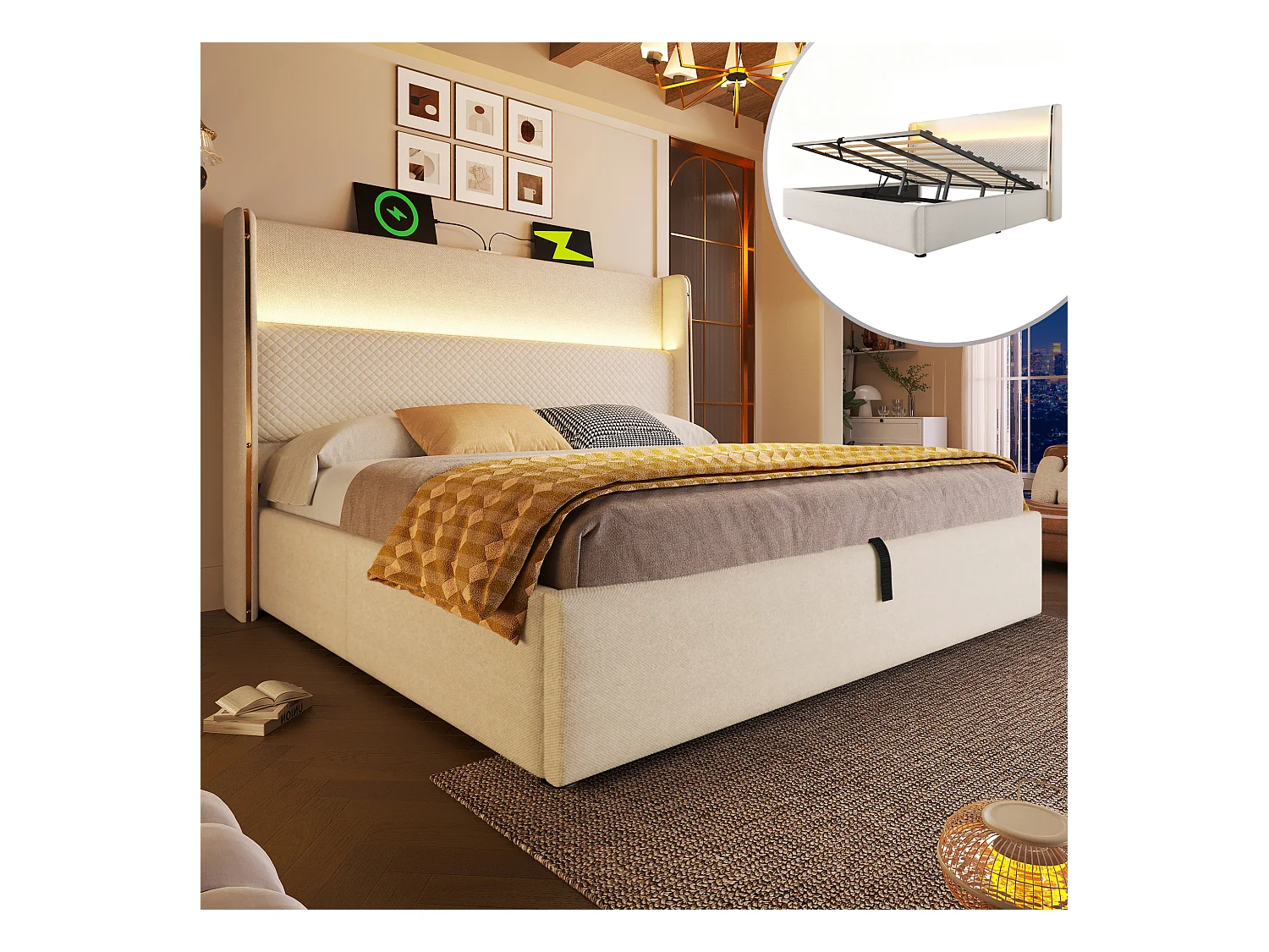 Lit coffre hydraulique avec tête de lit + Leds et ports USB/Type-C - 180 x 200 cm - lin - beige