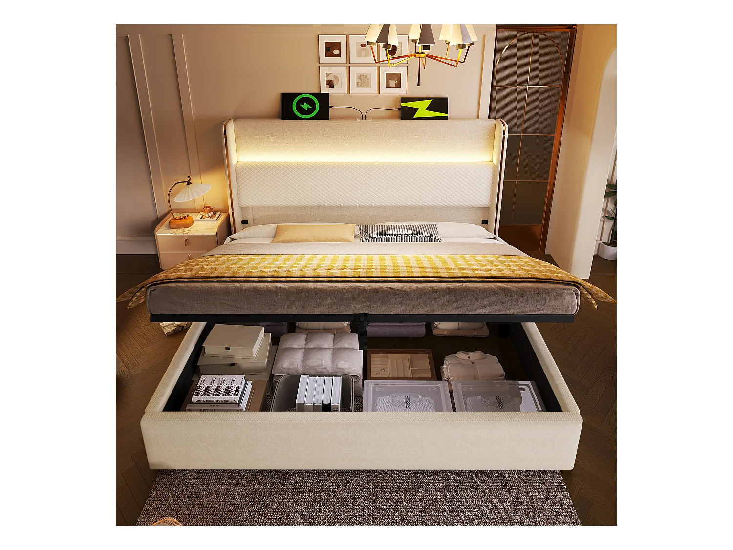 Hydraulisches Bett mit Stauraum, Kopfteil + LEDs und USB/Typ-C-Anschlüssen – 180 x 200 cm – Leinen – Beige
