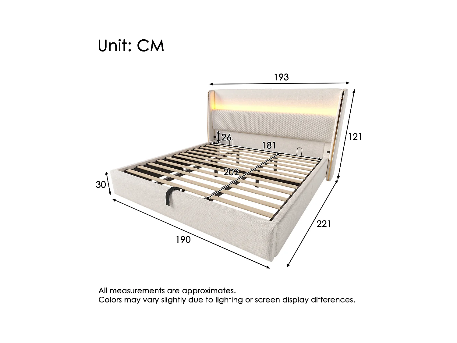 Hydraulisches Bett mit Stauraum, Kopfteil + LEDs und USB/Typ-C-Anschlüssen – 180 x 200 cm – Leinen – Beige