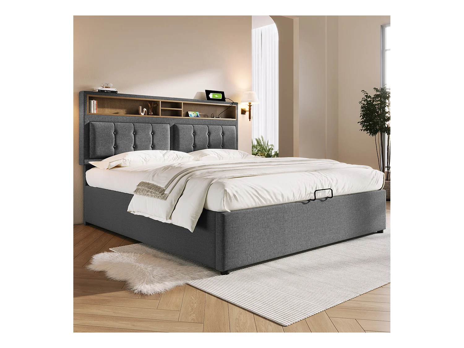 Lit double 140x200 cm en lin gris avec tête de lit réglable et prises USB intégrées