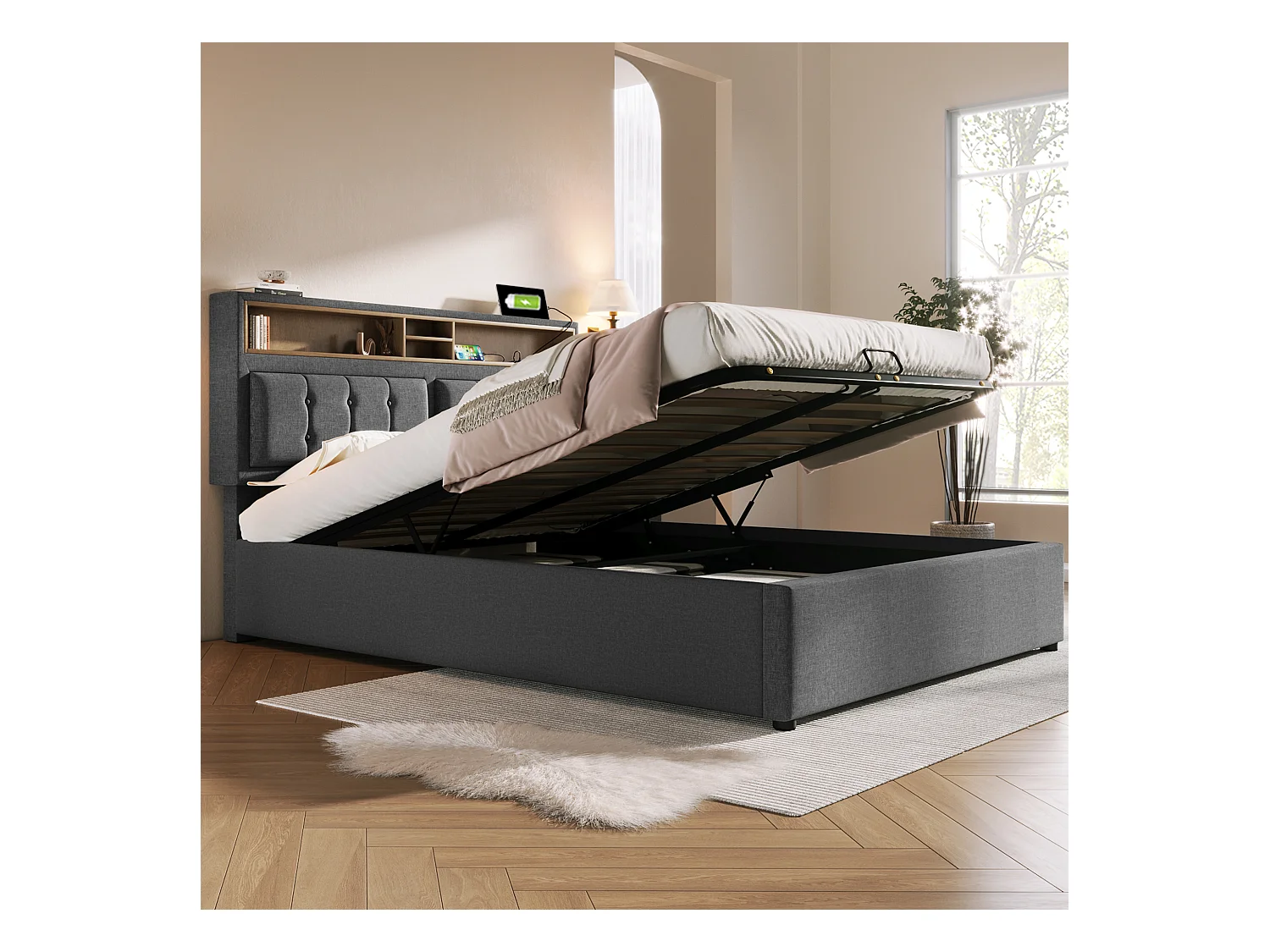 Lit double 140x200 cm en lin gris avec tête de lit réglable et prises USB intégrées