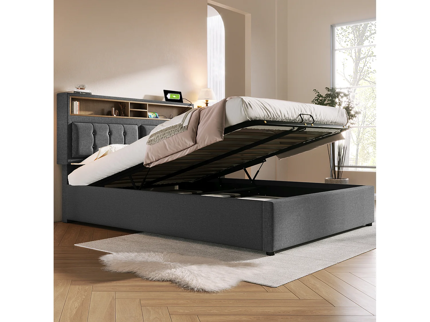 Lit double 140x200 cm en lin gris avec tête de lit réglable et prises USB intégrées