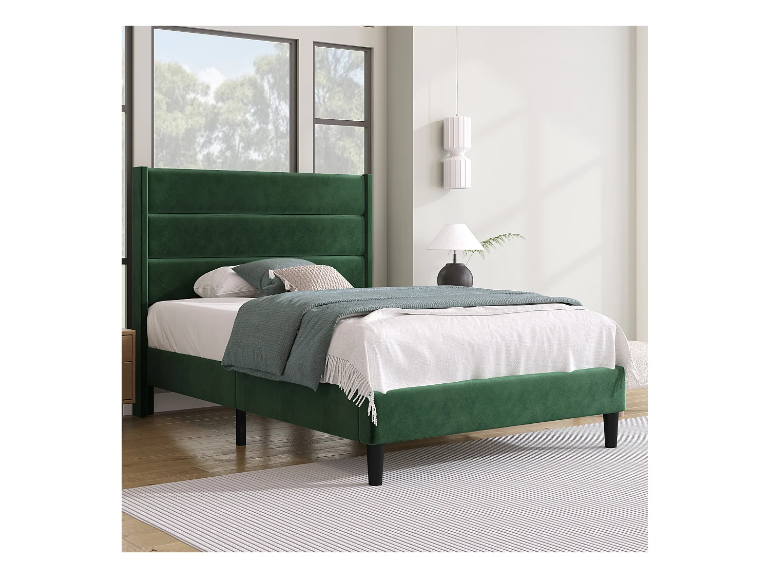 Lit rembourré 90 x 200 cm, cadre de lit avec sommier à lattes & tête de lit, velours vert foncé, design moderne intemporel
