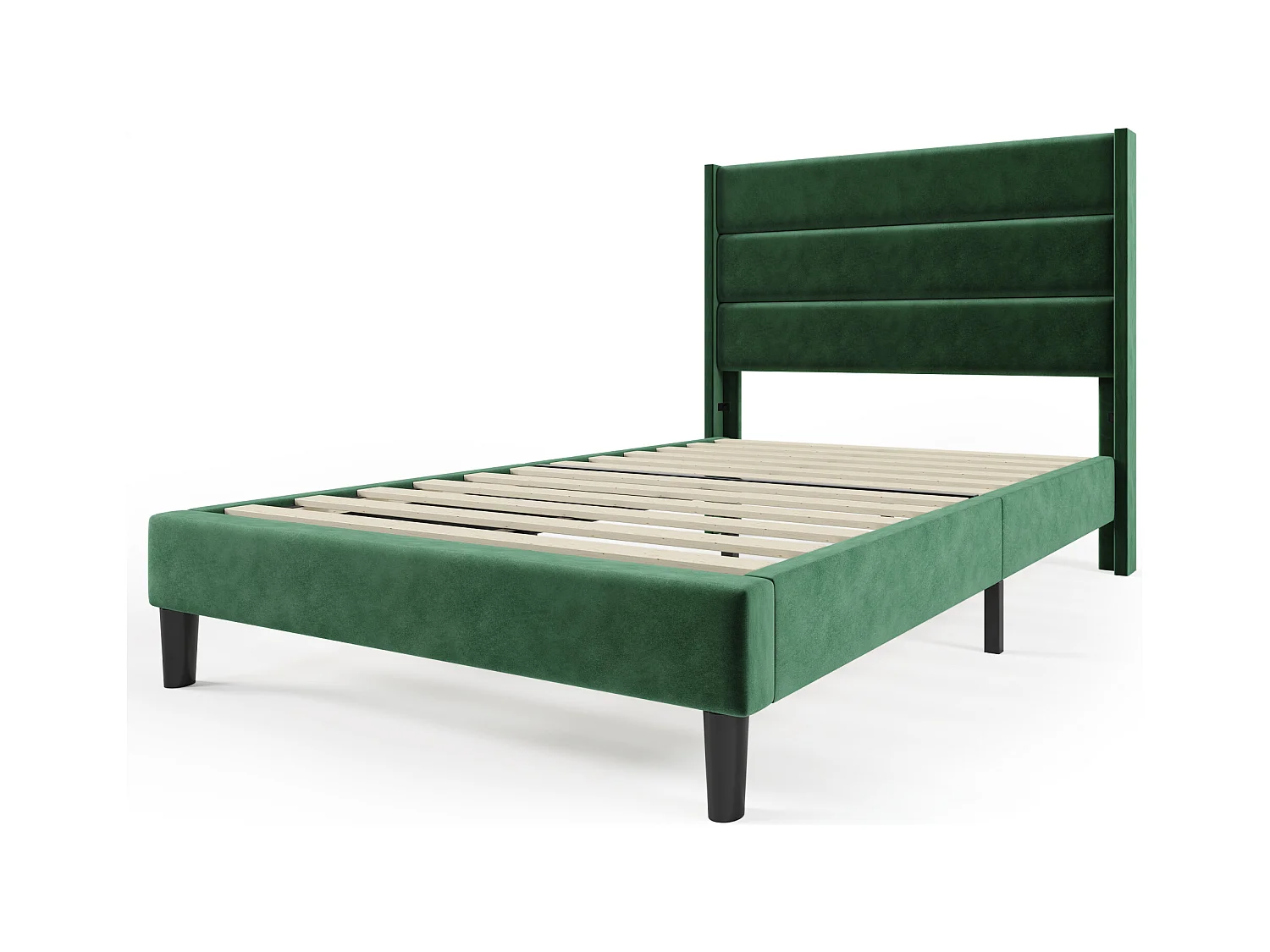 Lit rembourré 90 x 200 cm, cadre de lit avec sommier à lattes & tête de lit, velours vert foncé, design moderne intemporel
