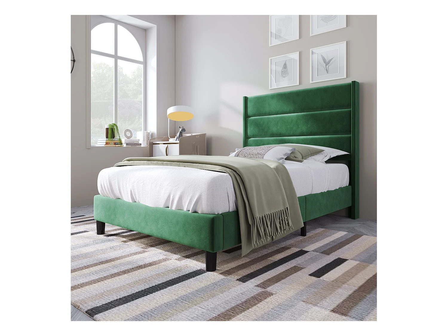 Lit rembourré 90 x 200 cm, cadre de lit avec sommier à lattes & tête de lit, velours vert foncé, design moderne intemporel