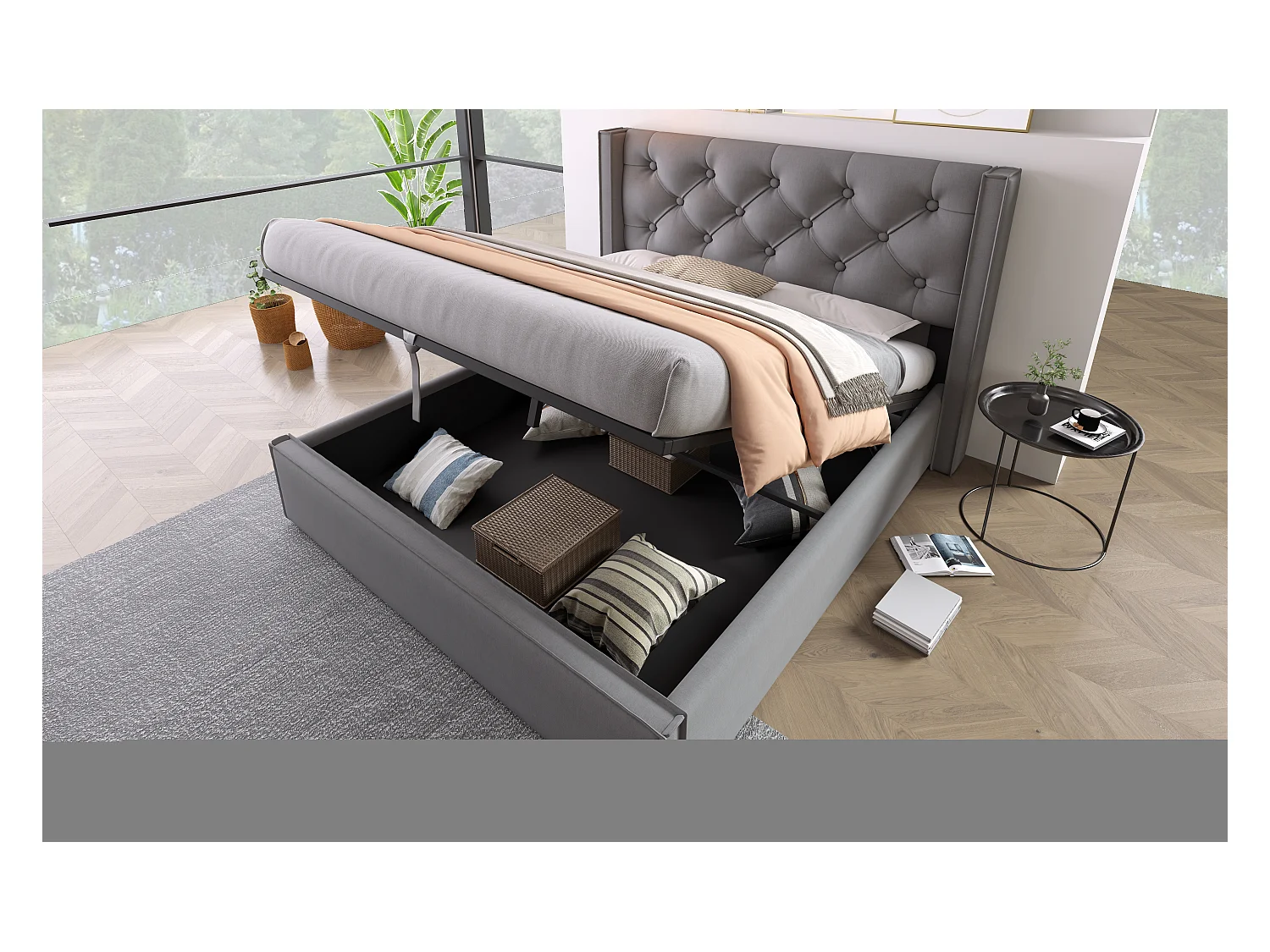 Lit double hydraulique 140x200 cm, avec sommier en métal et rangement, tissu coton gris, design moderne