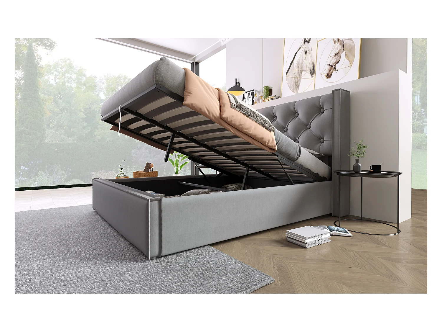 Lit double hydraulique 140x200 cm, avec sommier en métal et rangement, tissu coton gris, design moderne