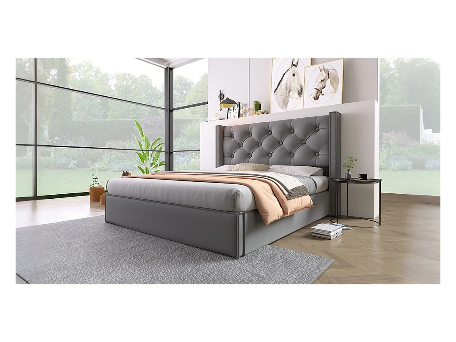 Lit double hydraulique 140x200 cm, avec sommier en métal et rangement, tissu coton gris, design moderne