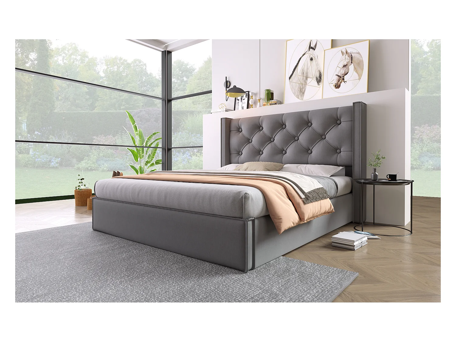 Lit double hydraulique 140x200 cm, avec sommier en métal et rangement, tissu coton gris, design moderne