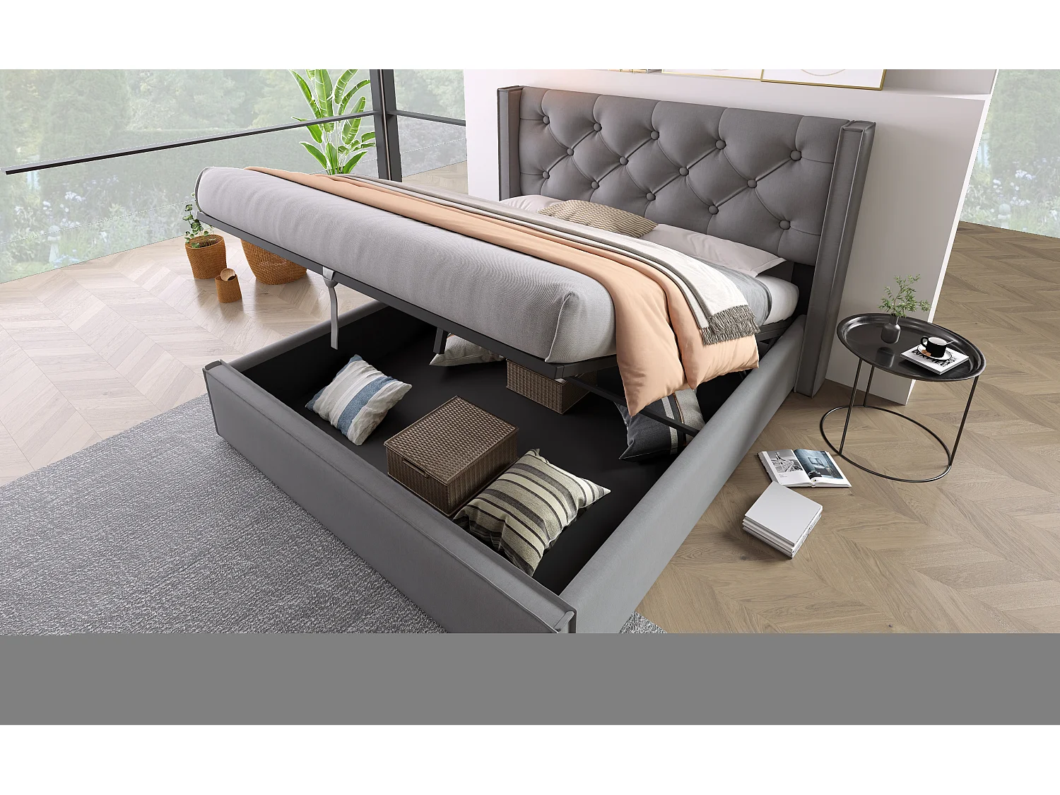 Lit double hydraulique 140x200 cm, avec sommier en métal et rangement, tissu coton gris, design moderne