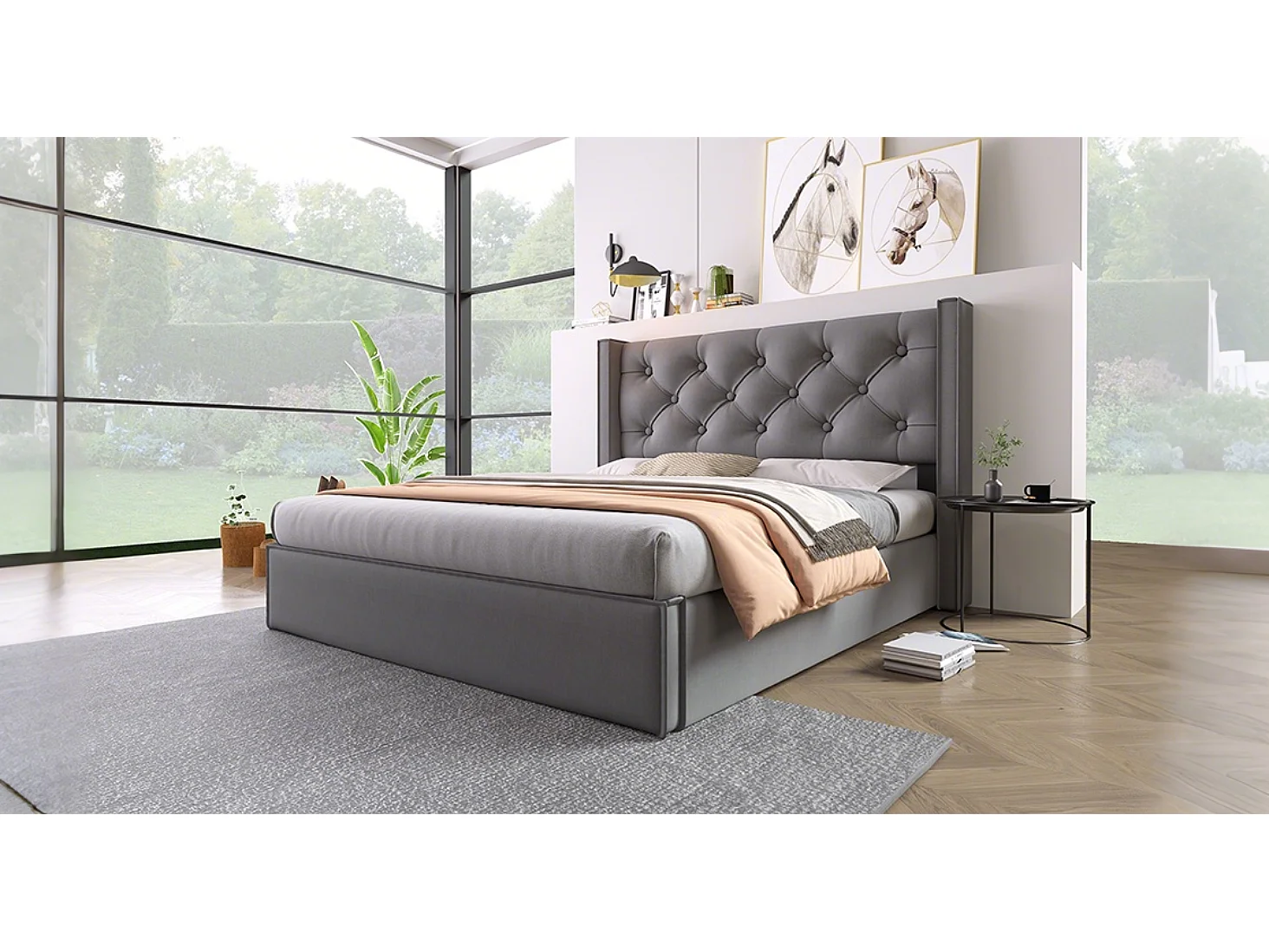 Lit double hydraulique 140x200 cm, avec sommier en métal et rangement, tissu coton gris, design moderne