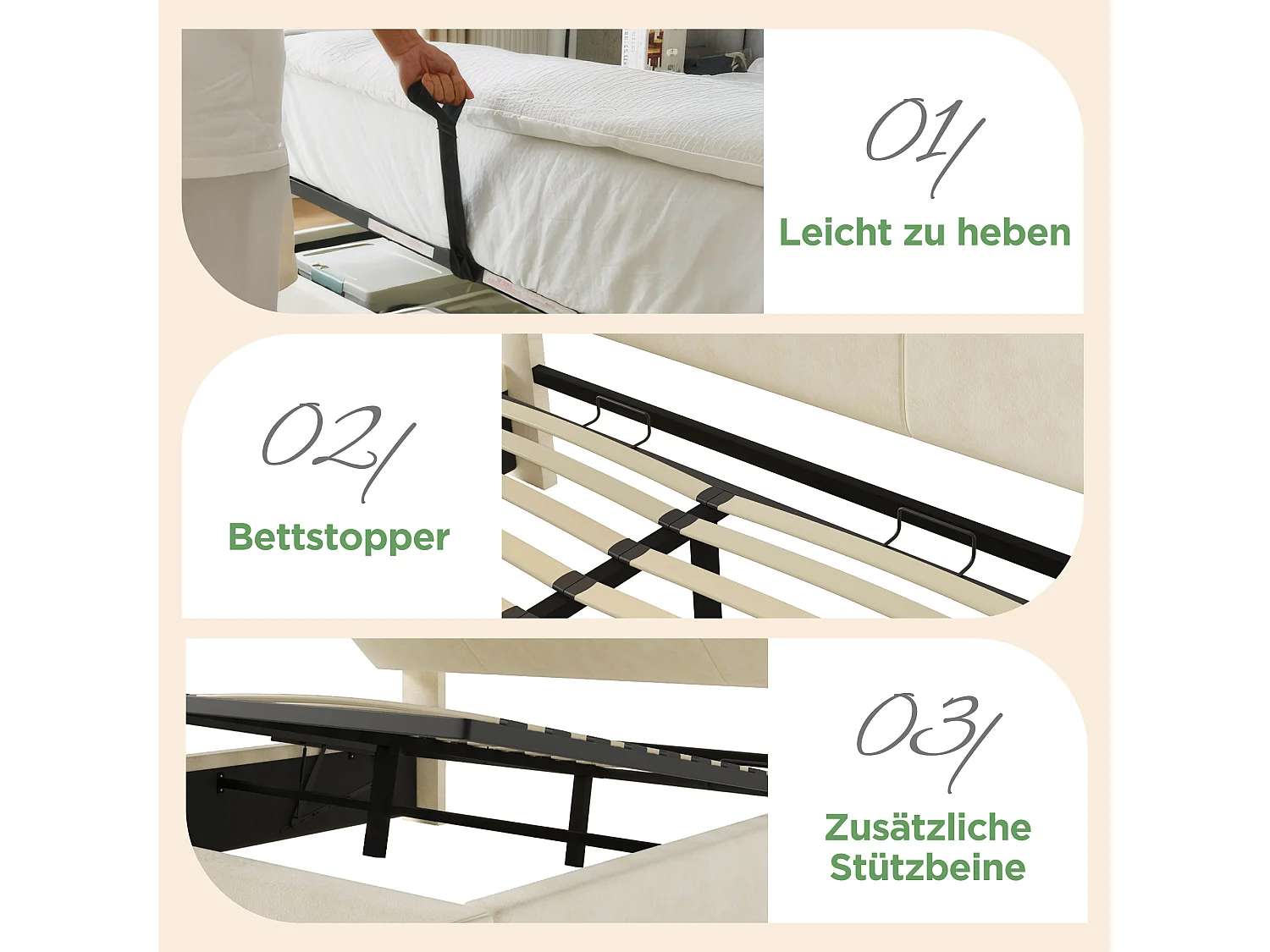 Lit coffre hydraulique - 140 x 200 cm - tête de lit réglable avec rangement - avec Leds + USB/Type-C - velours - beige