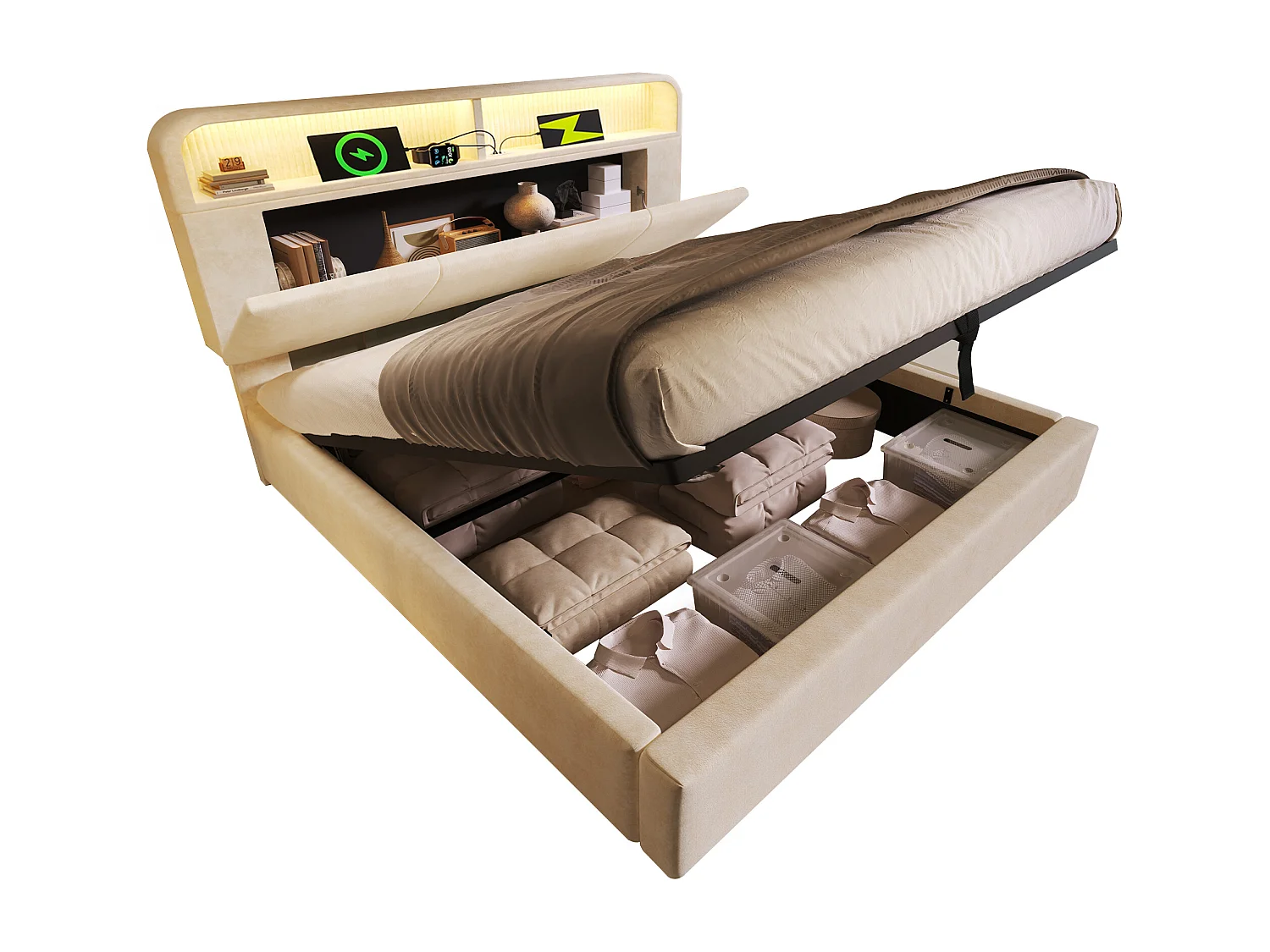 Lit coffre hydraulique - 140 x 200 cm - tête de lit réglable avec rangement - avec Leds + USB/Type-C - velours - beige