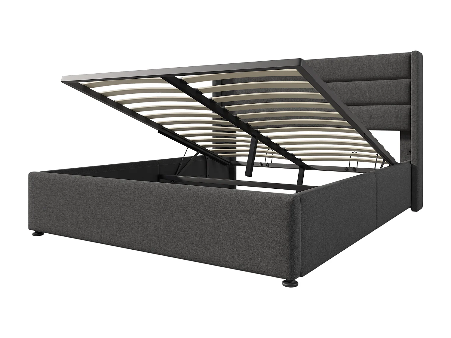 Lit coffre hydraulique 160x200 cm, gris, avec tête de lit rembourrée et rangement spacieux