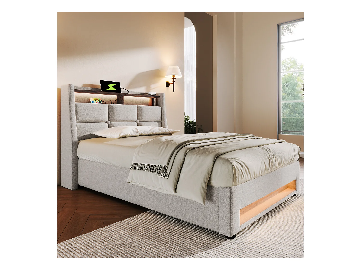 Lit moderne avec USB 90x200 cm, éclairage LED, cadre en lin et sommier en métal, lit pour adolescents
