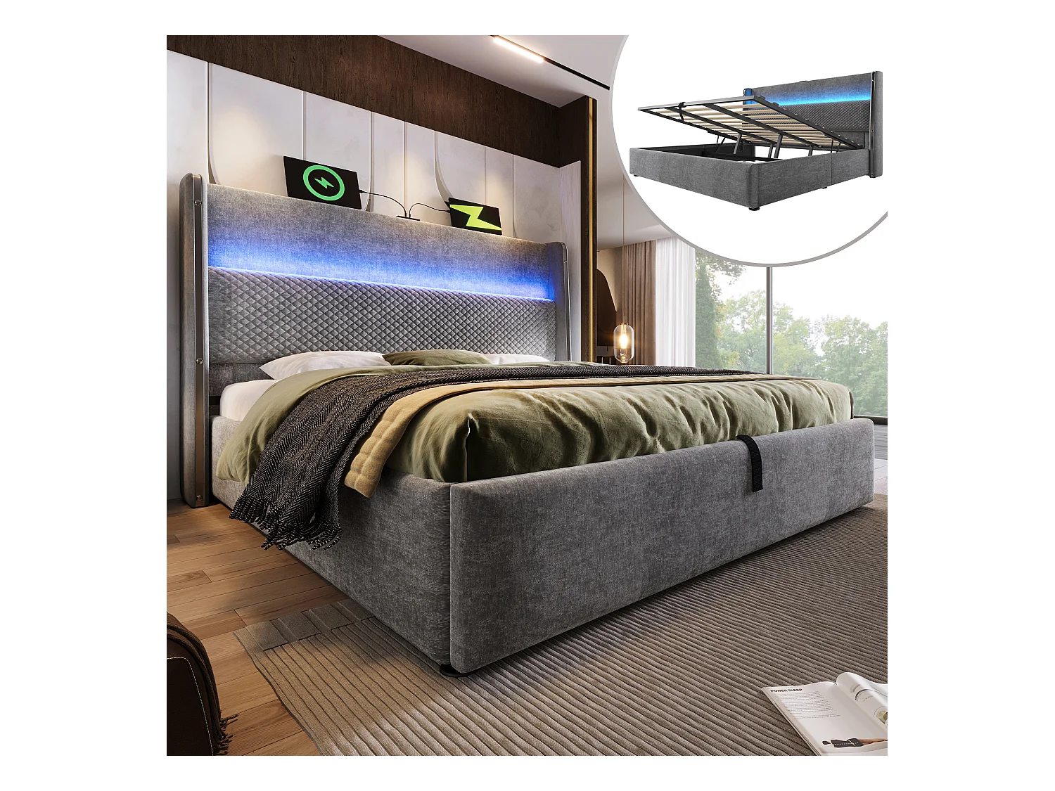 Lit coffre hydraulique avec tête de lit + Leds et ports USB/Type-C - 180 x 200 cm - lin - gris