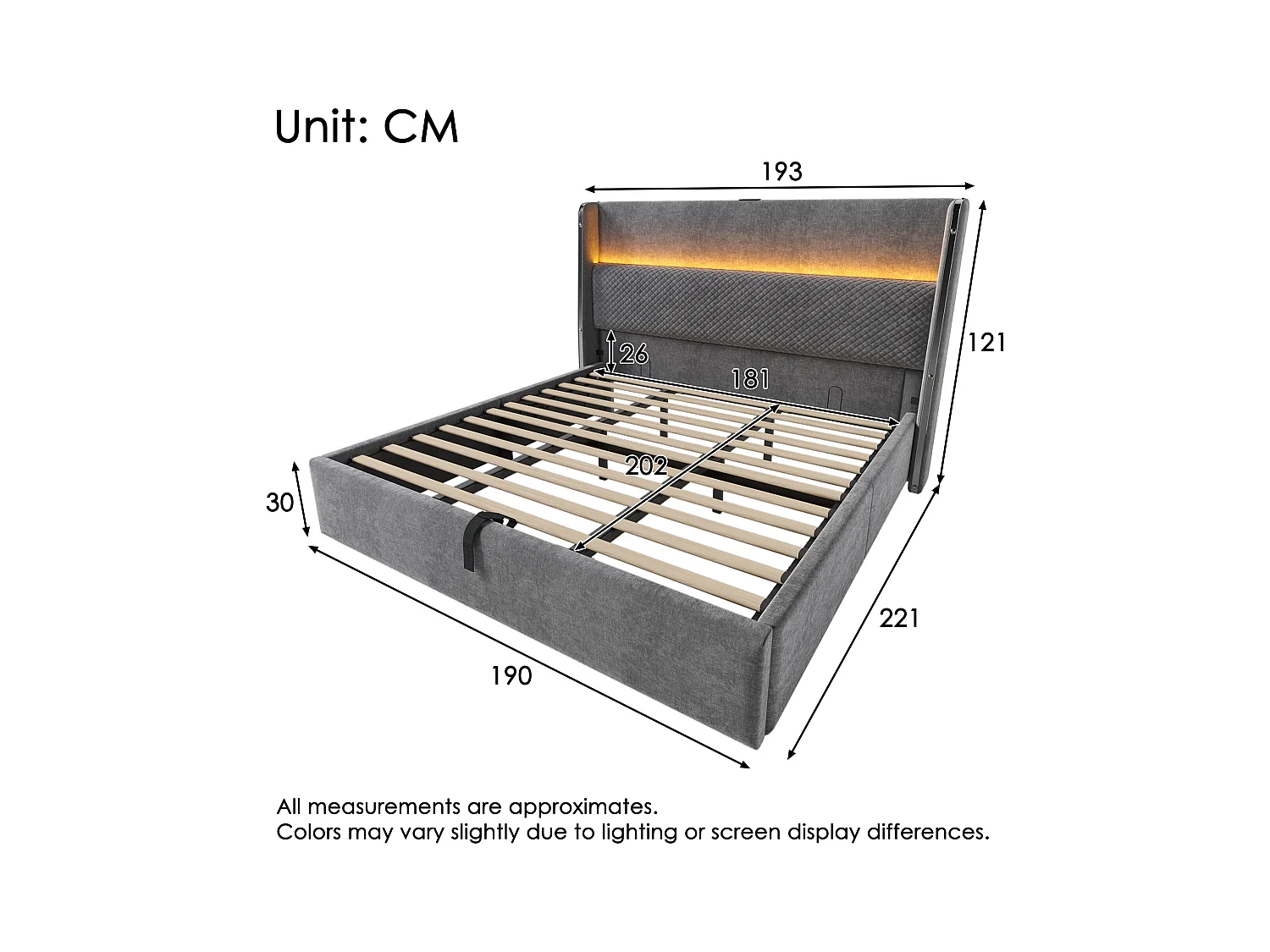Lit coffre hydraulique avec tête de lit + Leds et ports USB/Type-C - 180 x 200 cm - lin - gris
