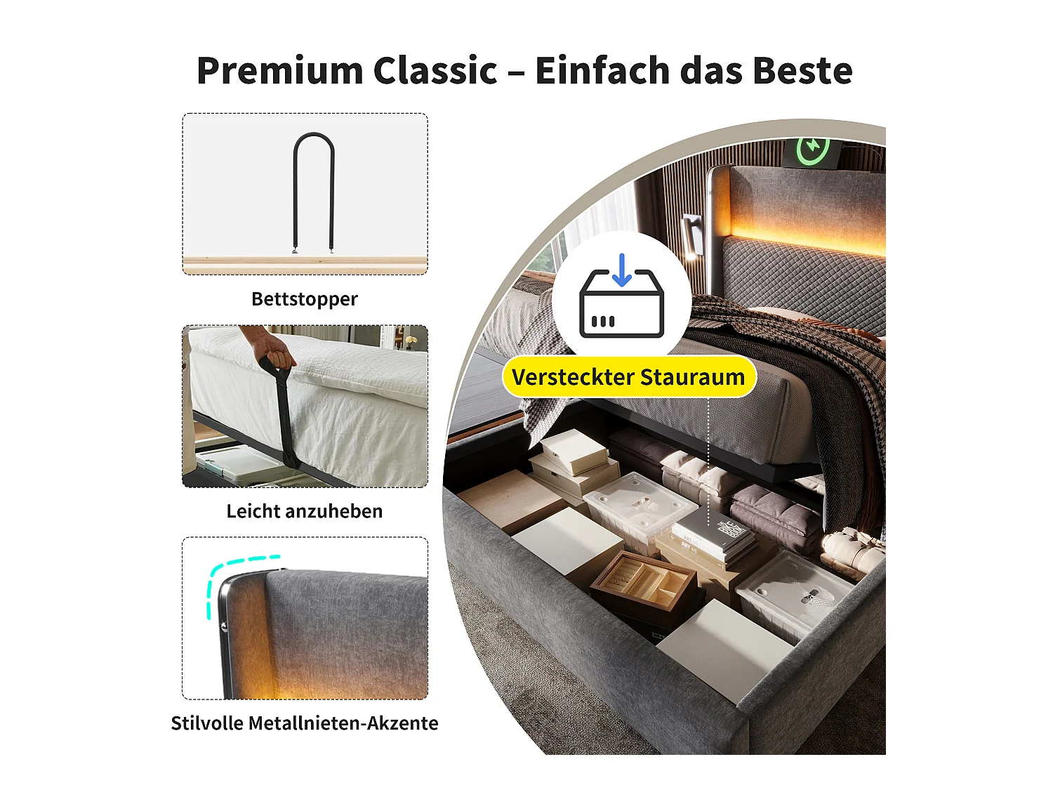 Lit coffre hydraulique avec tête de lit + Leds et ports USB/Type-C - 180 x 200 cm - lin - gris