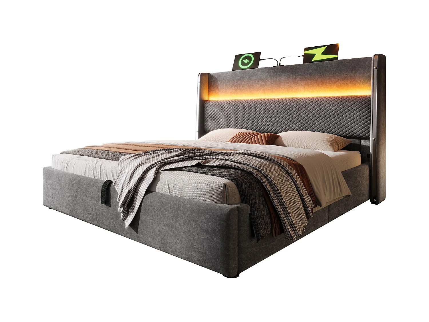 Lit coffre hydraulique avec tête de lit + Leds et ports USB/Type-C - 180 x 200 cm - lin - gris