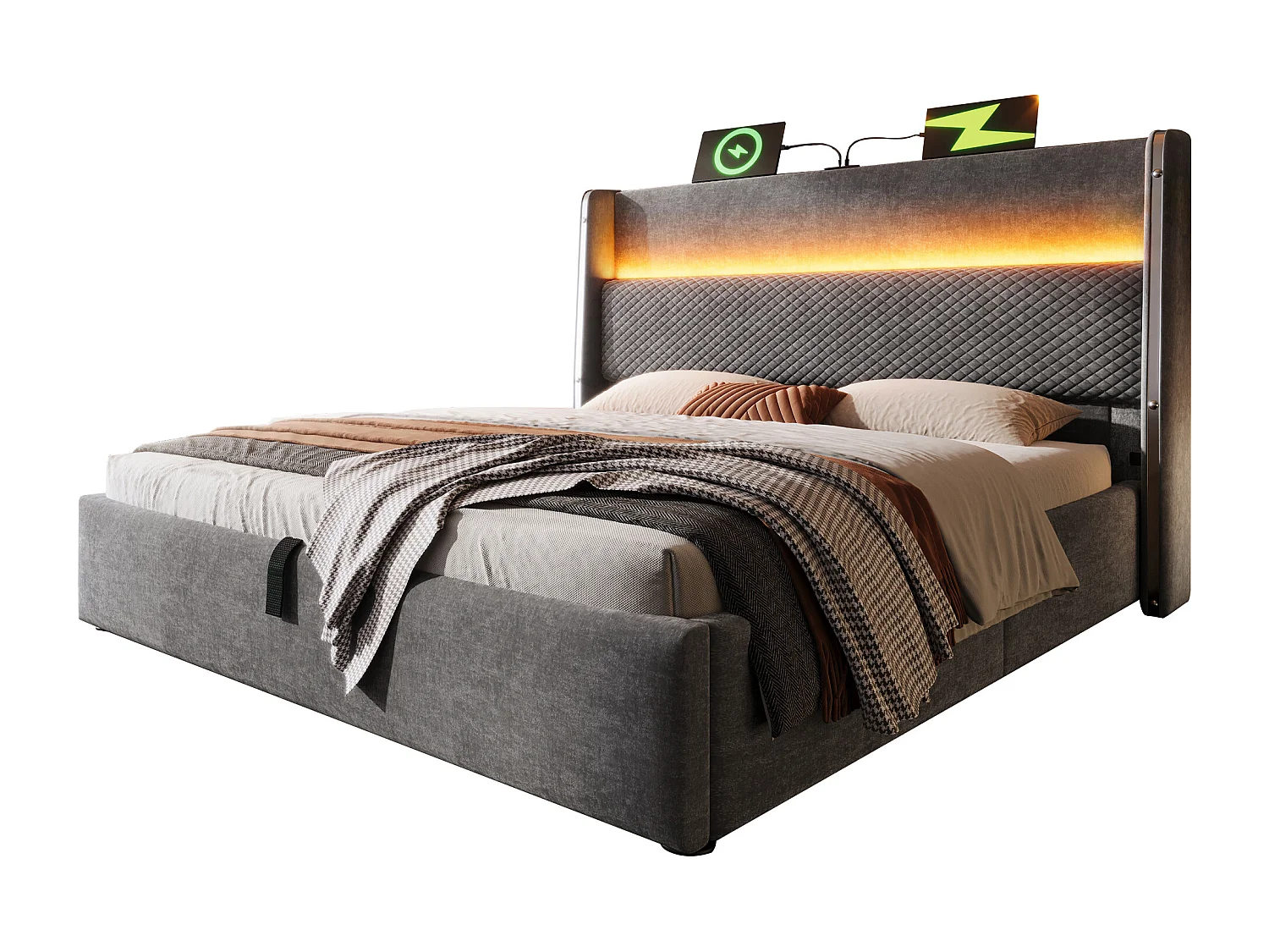 Hydraulisches Stauraumbett mit Kopfteil + LEDs und USB/Typ-C-Anschlüssen – 180 x 200 cm – Leinen – Grau
