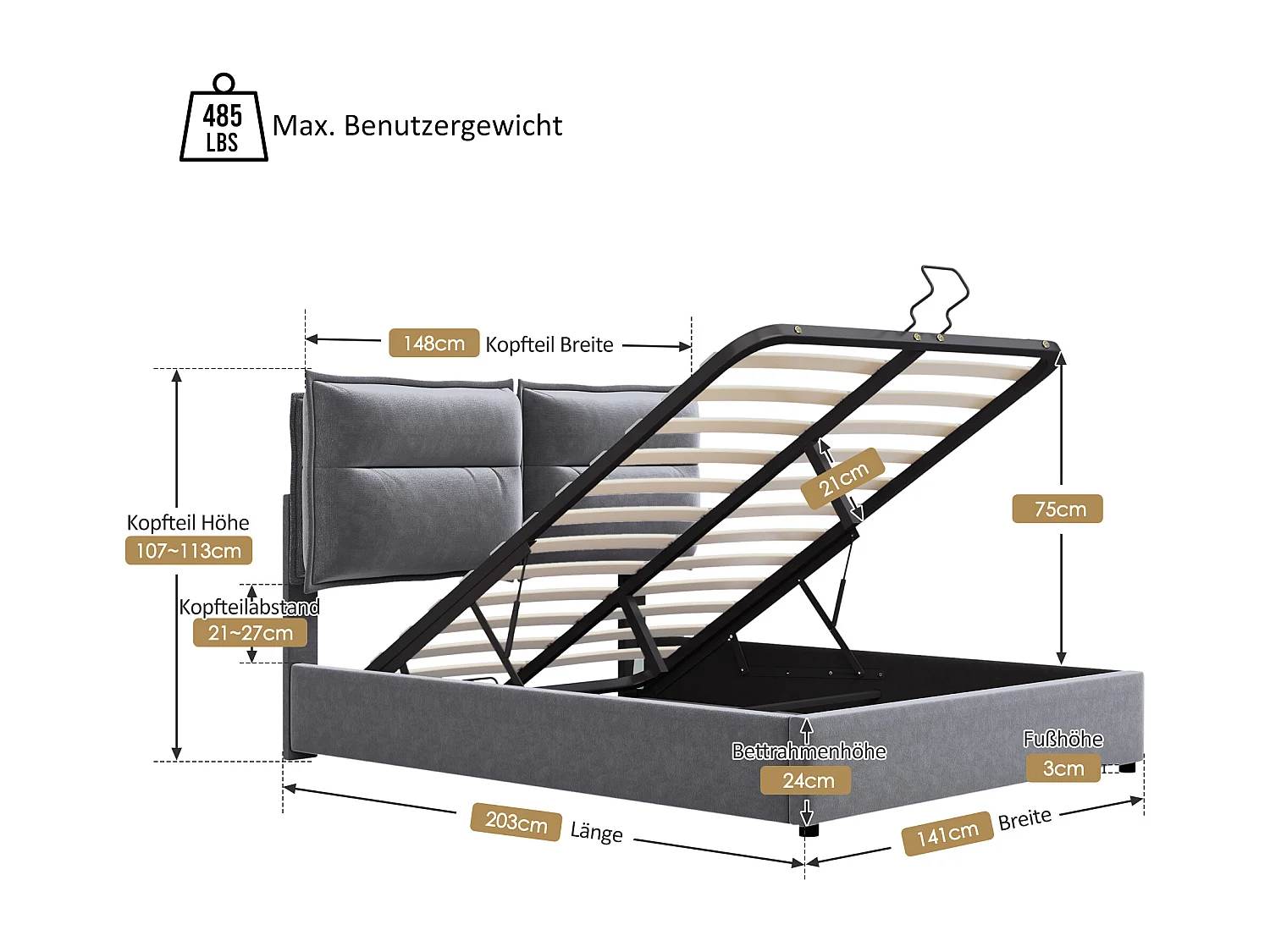 Lit double hydraulique 140x200 cm, tête de lit réglable, cadre en velours avec rangement, gris