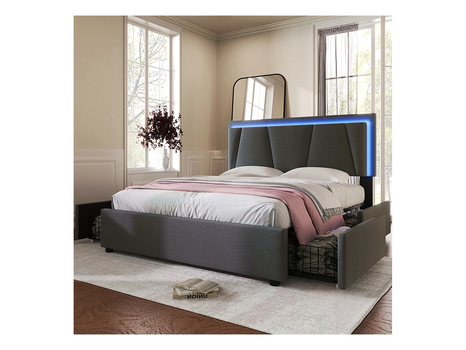 Lit double 160x200 cm avec éclairage LED, tête de lit réglable et 4 tiroirs de rangement, gris