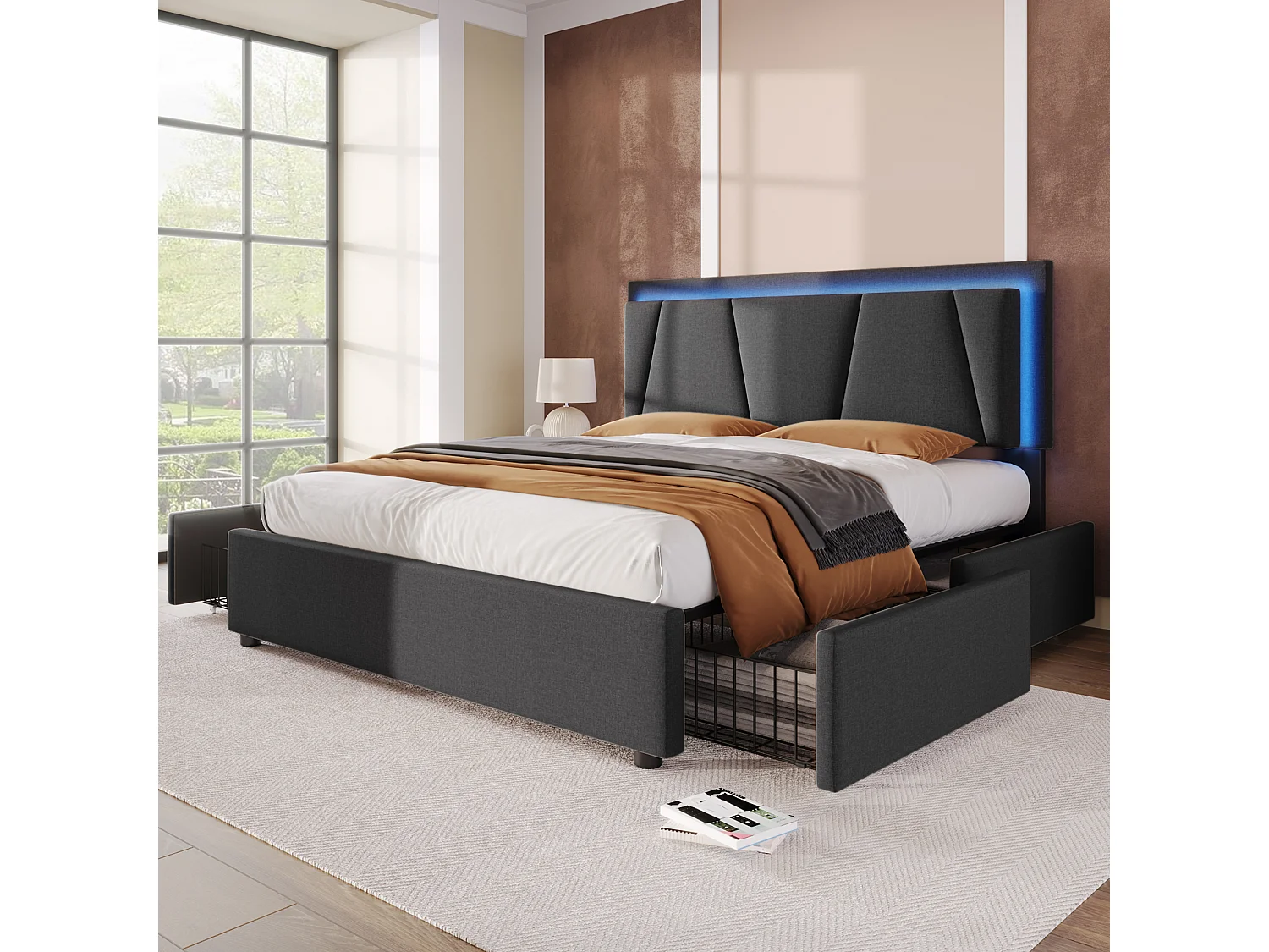 Lit double 160x200 cm avec éclairage LED, tête de lit réglable et 4 tiroirs de rangement, gris