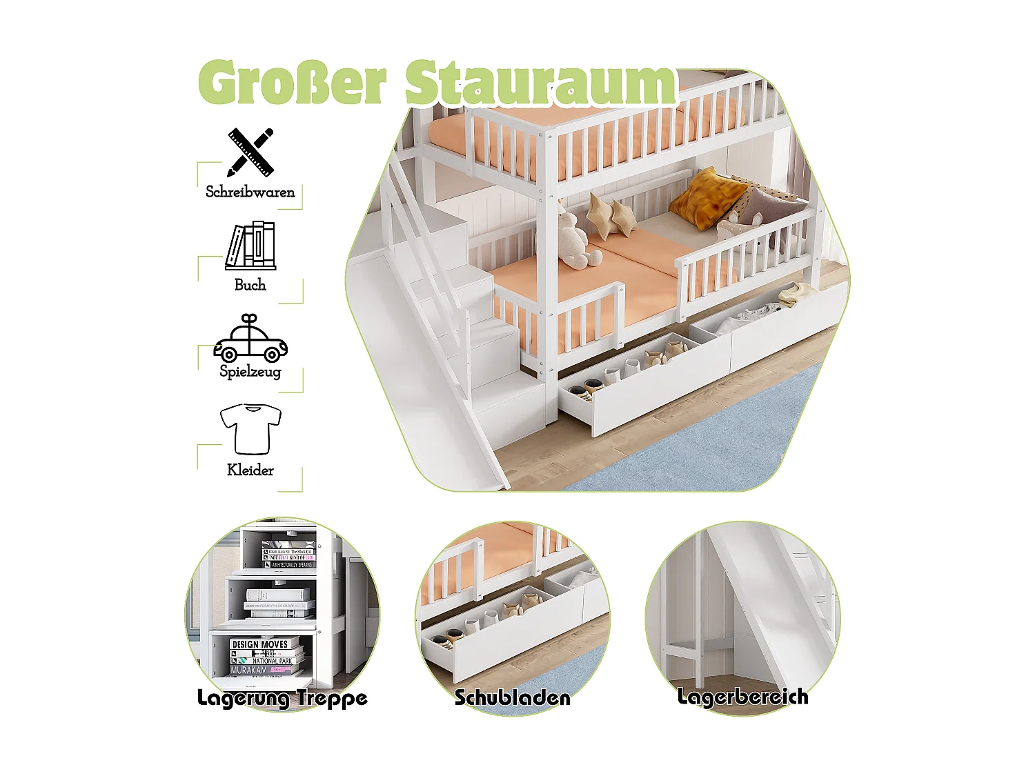 Etagenbett 2 x 90 x 200 cm mit 2 Schubladen und Rutsche - Massivholz - Weiß