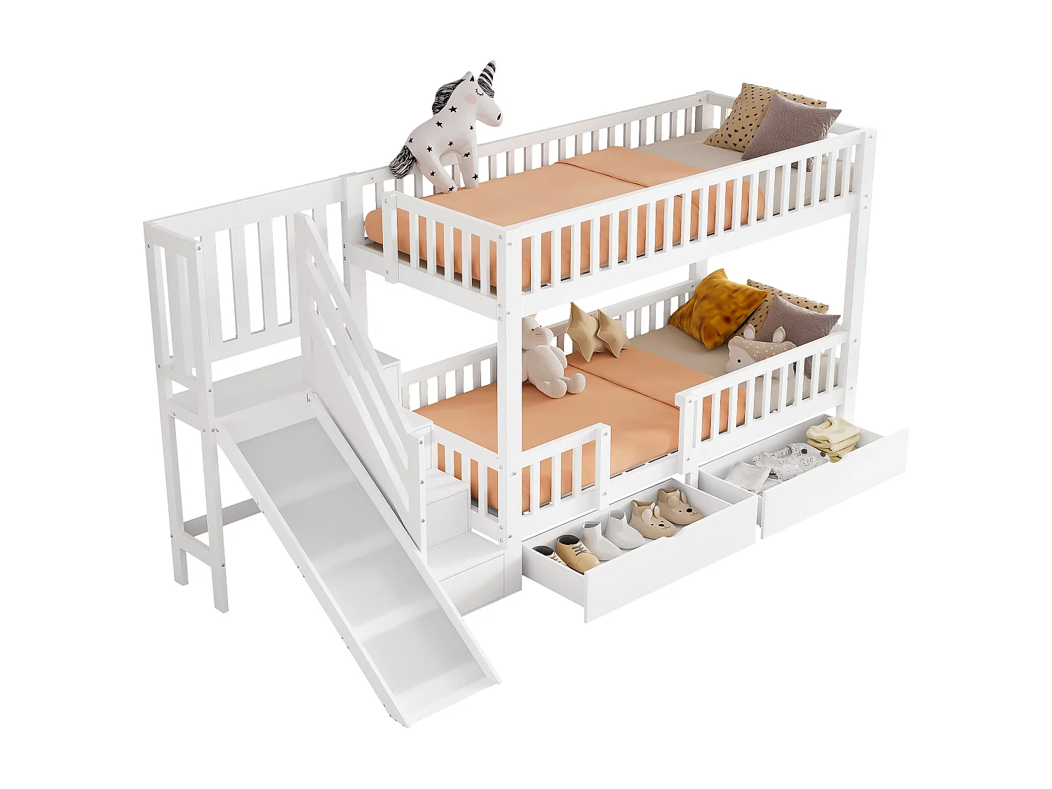 Etagenbett 2 x 90 x 200 cm mit 2 Schubladen und Rutsche - Massivholz - Weiß