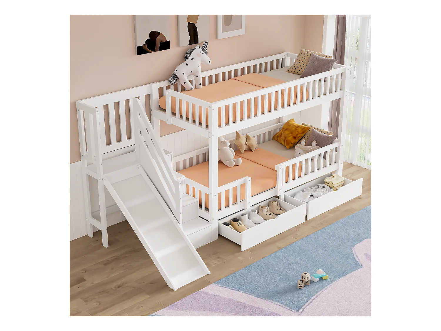 Lits superposés 2 x 90 x 200 cm avec 2 tiroirs et toboggan - bois massif - blanc