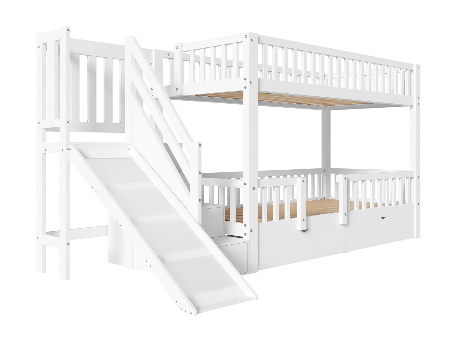 Lits superposés 2 x 90 x 200 cm avec 2 tiroirs et toboggan - bois massif - blanc