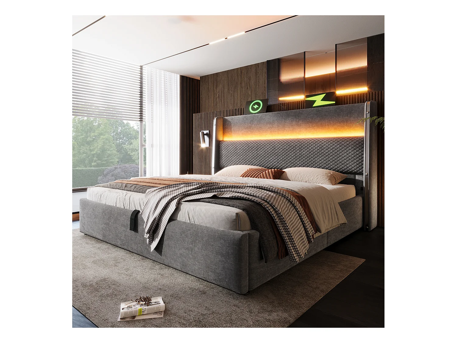 Hydraulisches Stauraumbett mit Kopfteil + LEDs und USB/Typ-C-Anschlüssen – 180 x 200 cm – Leinen – Grau (mit Matratze)