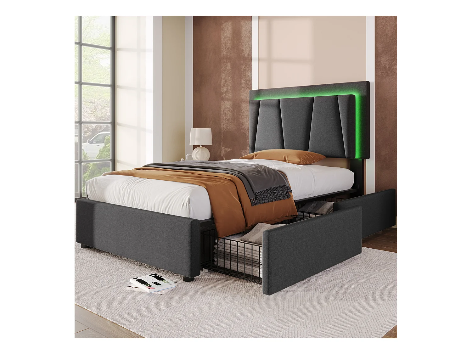 Lit simple 90x200 cm avec éclairage LED et 2 tiroirs, tête de lit réglable en hauteur, gris