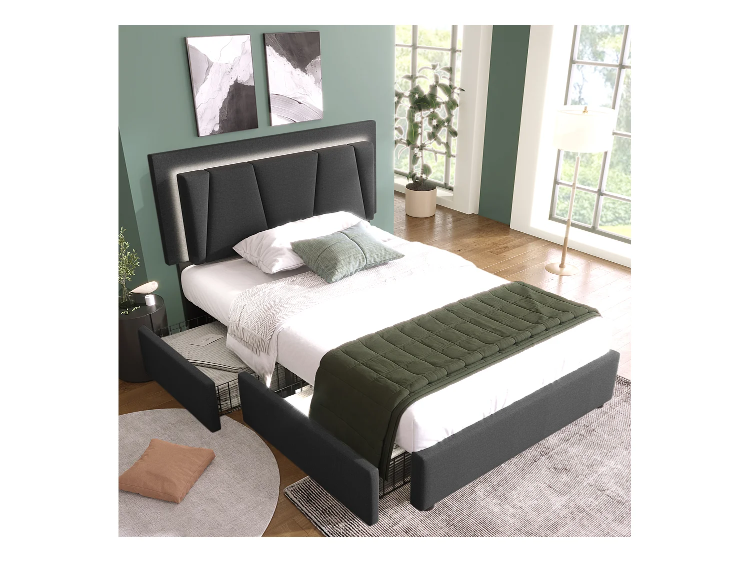 Lit simple 90x200 cm avec éclairage LED et 2 tiroirs, tête de lit réglable en hauteur, gris