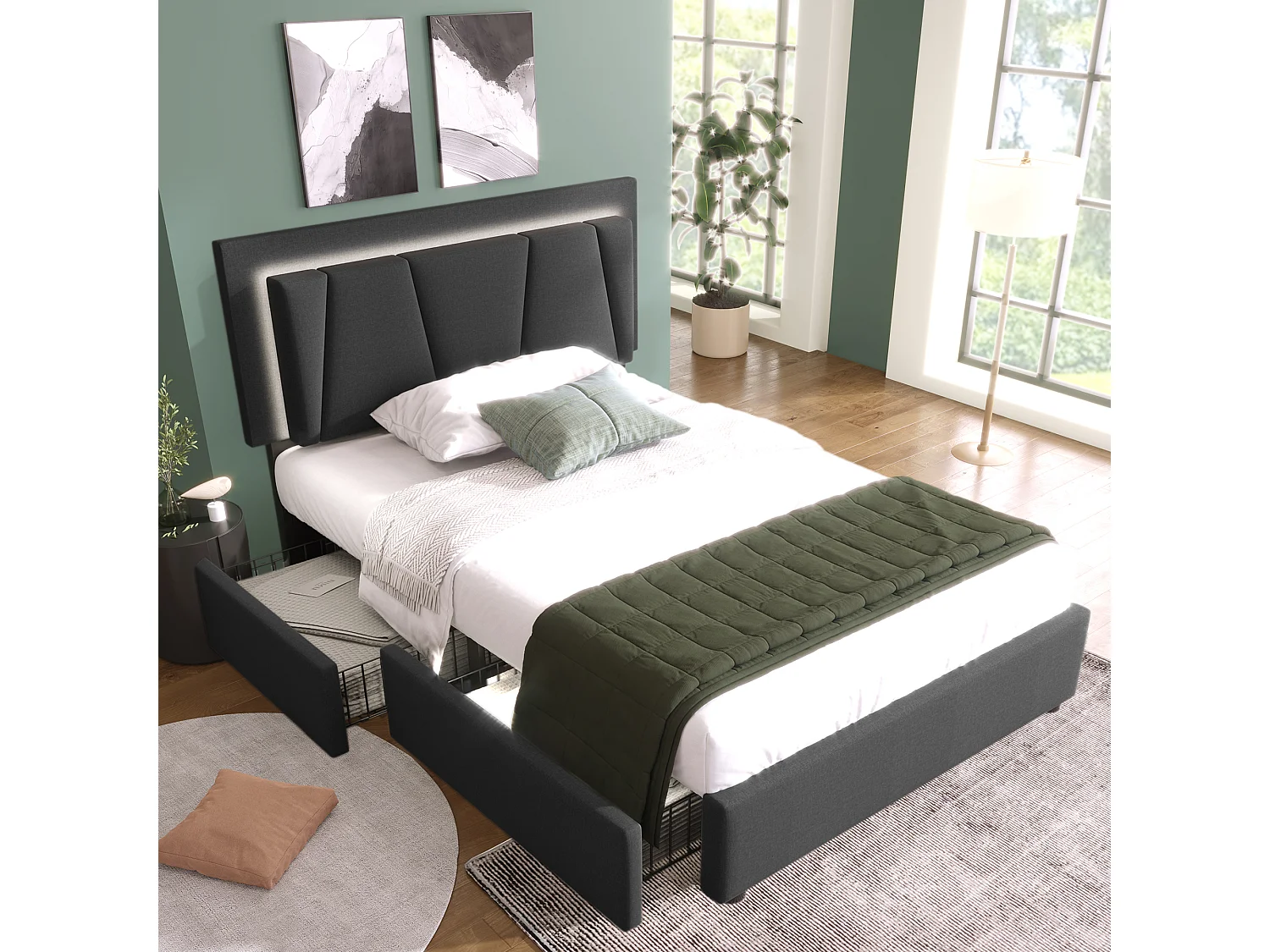 Lit simple 90x200 cm avec éclairage LED et 2 tiroirs, tête de lit réglable en hauteur, gris