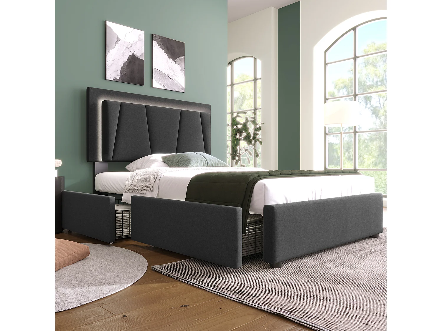 Lit simple 90x200 cm avec éclairage LED et 2 tiroirs, tête de lit réglable en hauteur, gris