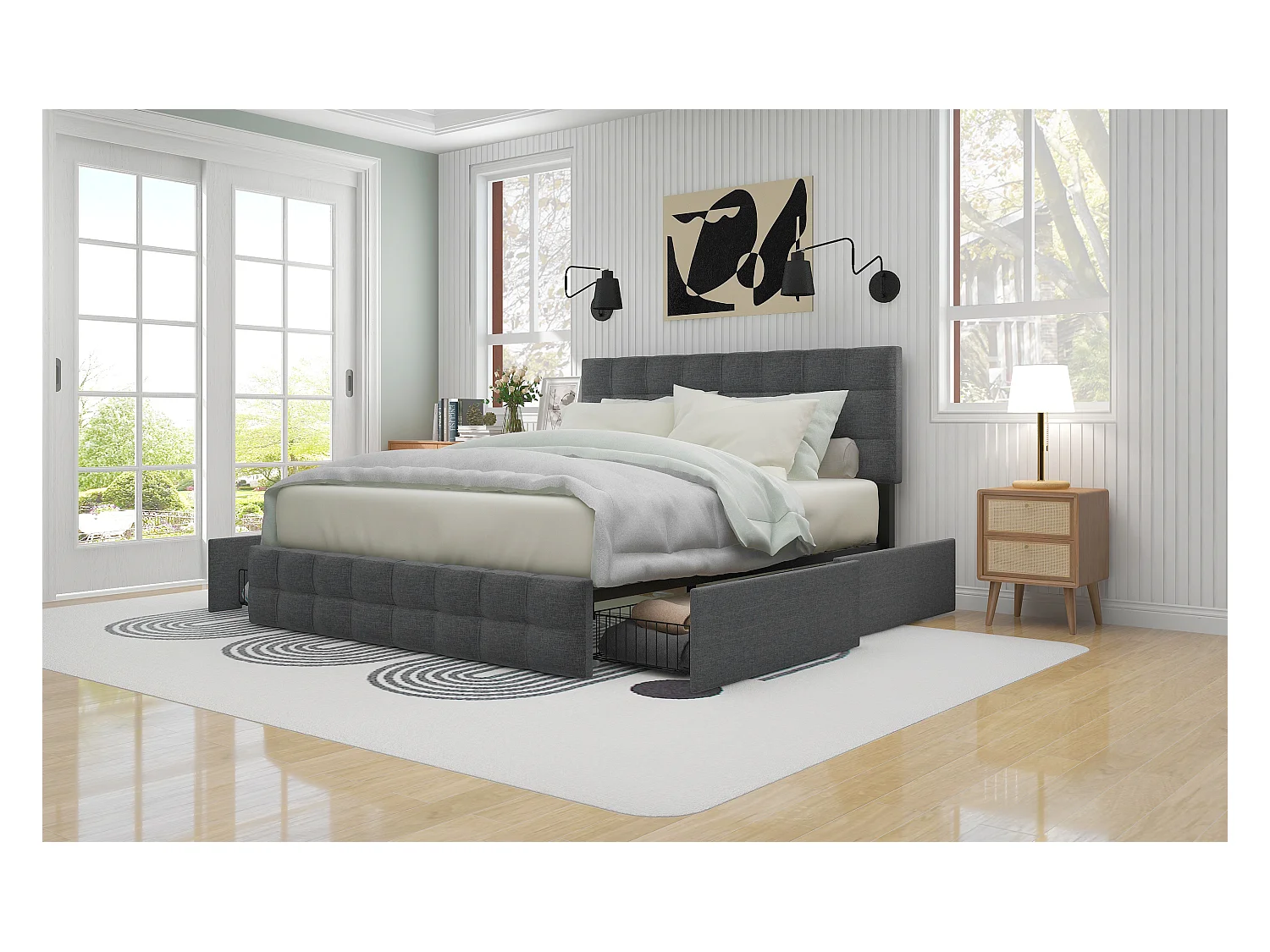 Lit avec 4 tiroirs, lit double 140×200 cm, gris, tête de lit réglable et design carré