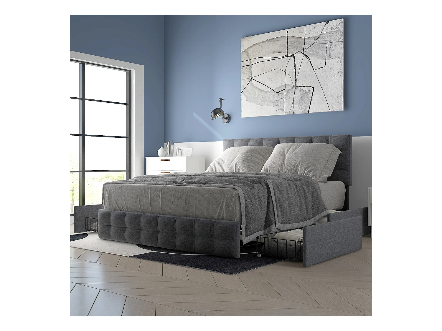 Lit avec 4 tiroirs, lit double 140×200 cm, gris, tête de lit réglable et design carré