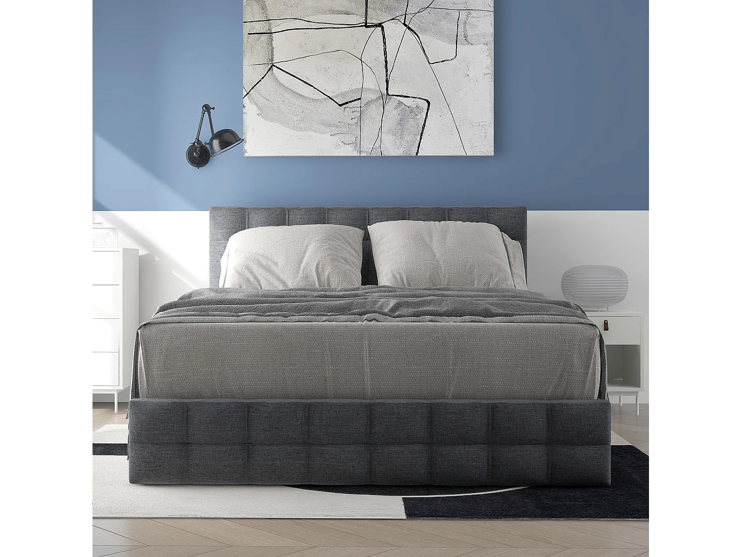 Lit avec 4 tiroirs, lit double 140×200 cm, gris, tête de lit réglable et design carré