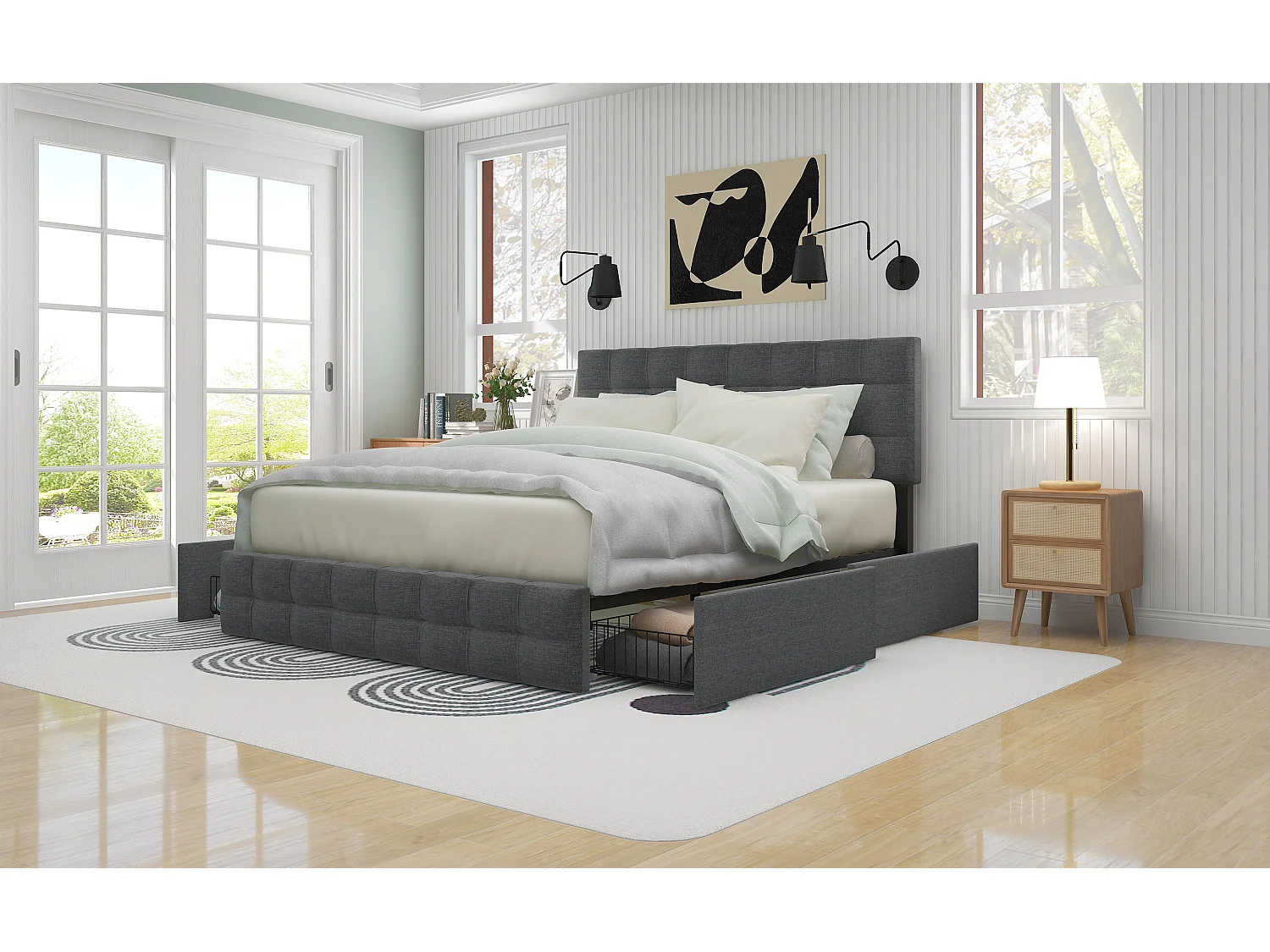 Lit avec 4 tiroirs, lit double 140×200 cm, gris, tête de lit réglable et design carré