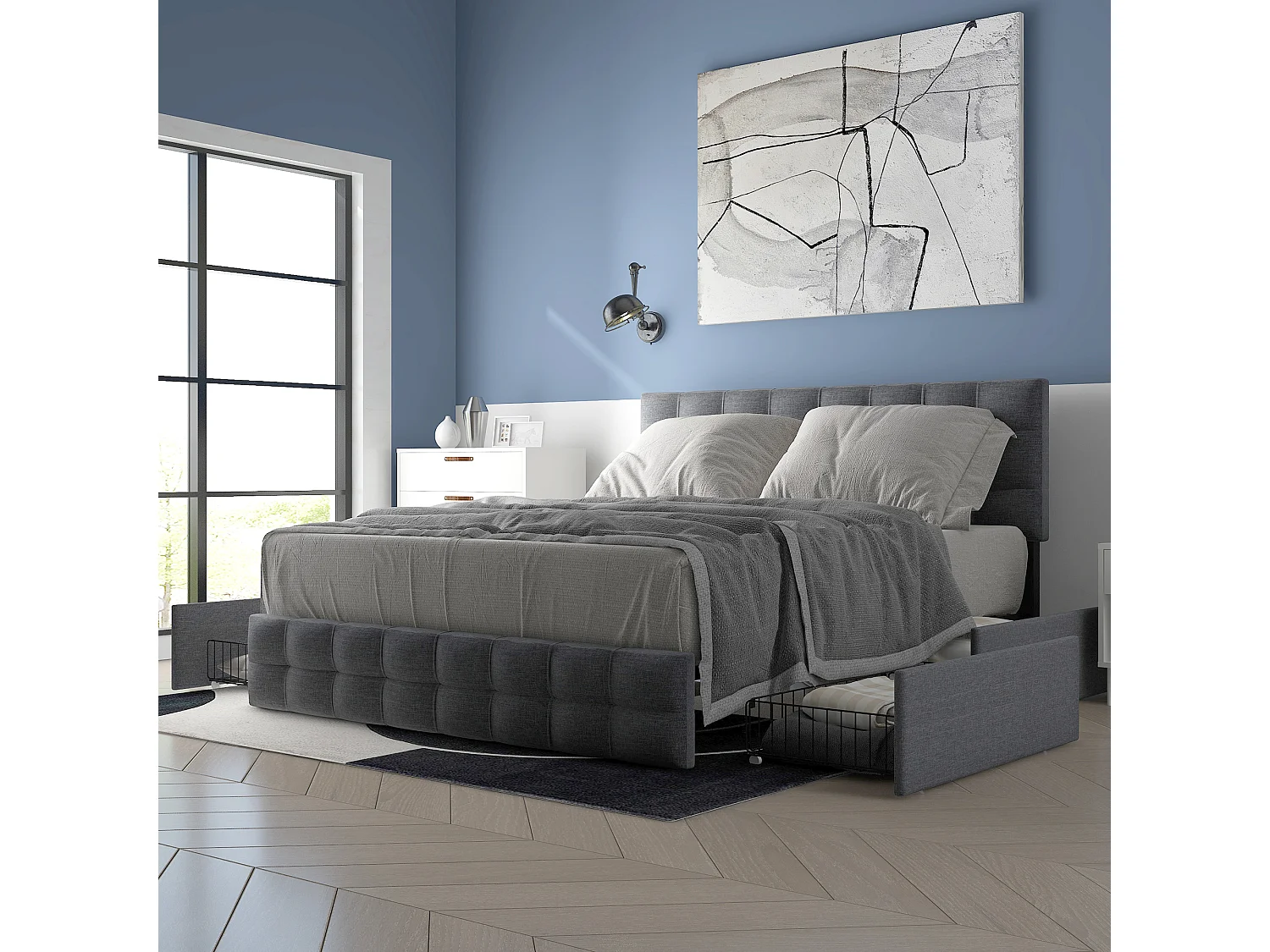 Lit avec 4 tiroirs, lit double 140×200 cm, gris, tête de lit réglable et design carré