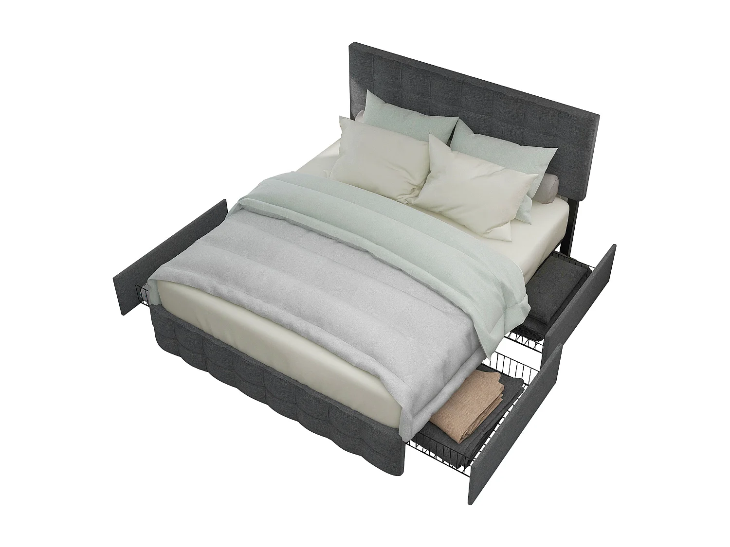 Lit avec 4 tiroirs, lit double 140×200 cm, gris, tête de lit réglable et design carré