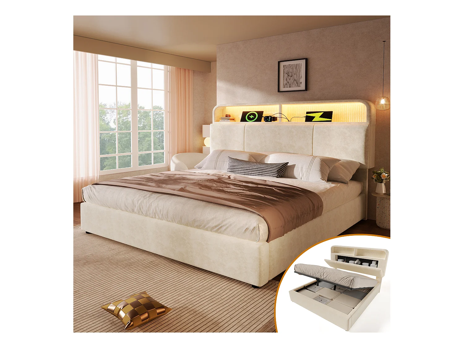 Lit coffre hydraulique - 140 x 190 cm - tête de lit réglable avec rangement - avec Leds + USB/Type-C - velours - beige