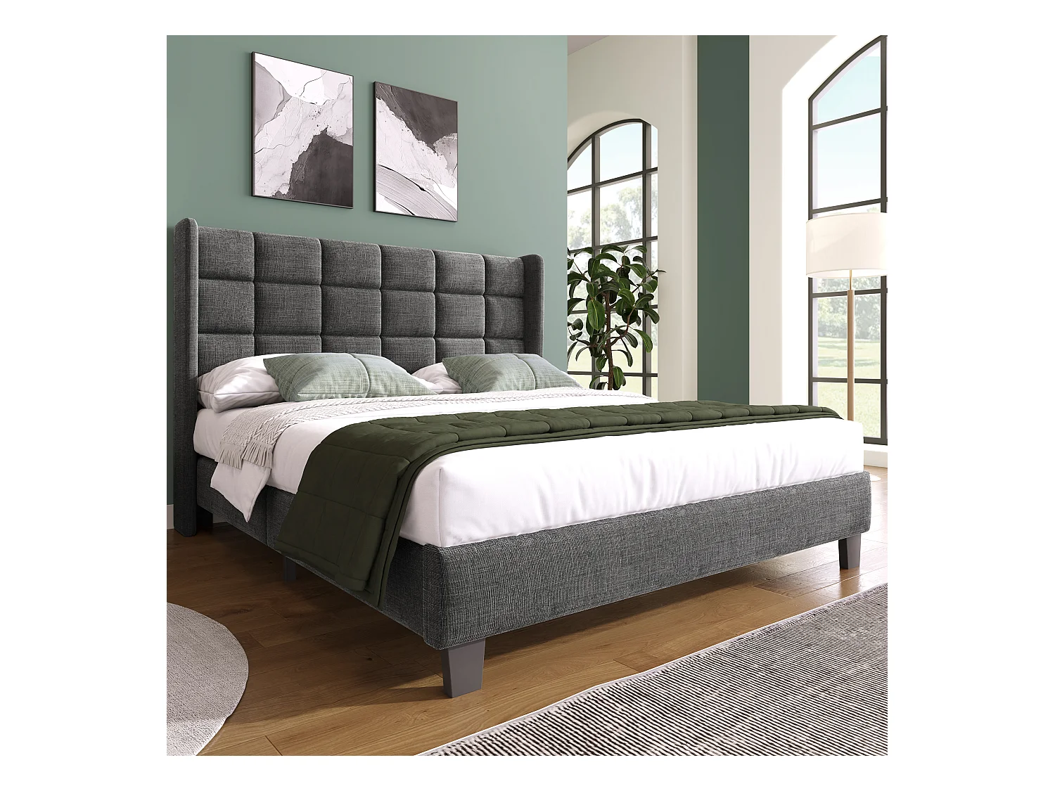 Lit double 140x200 cm avec tête de lit rembourrée en lin gris et sommier à lattes, sans matelas